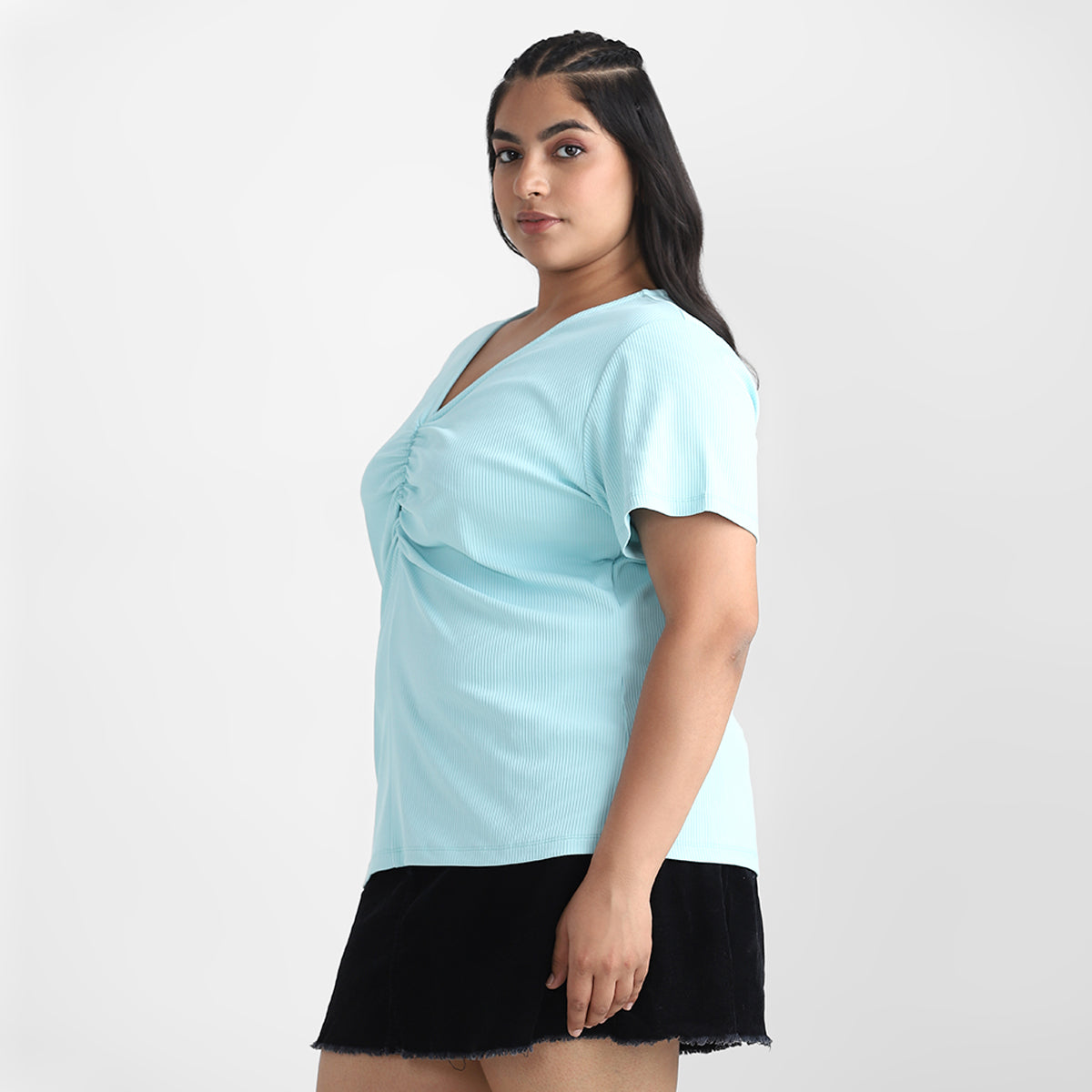 Green Rushed Plus Size Rib Top