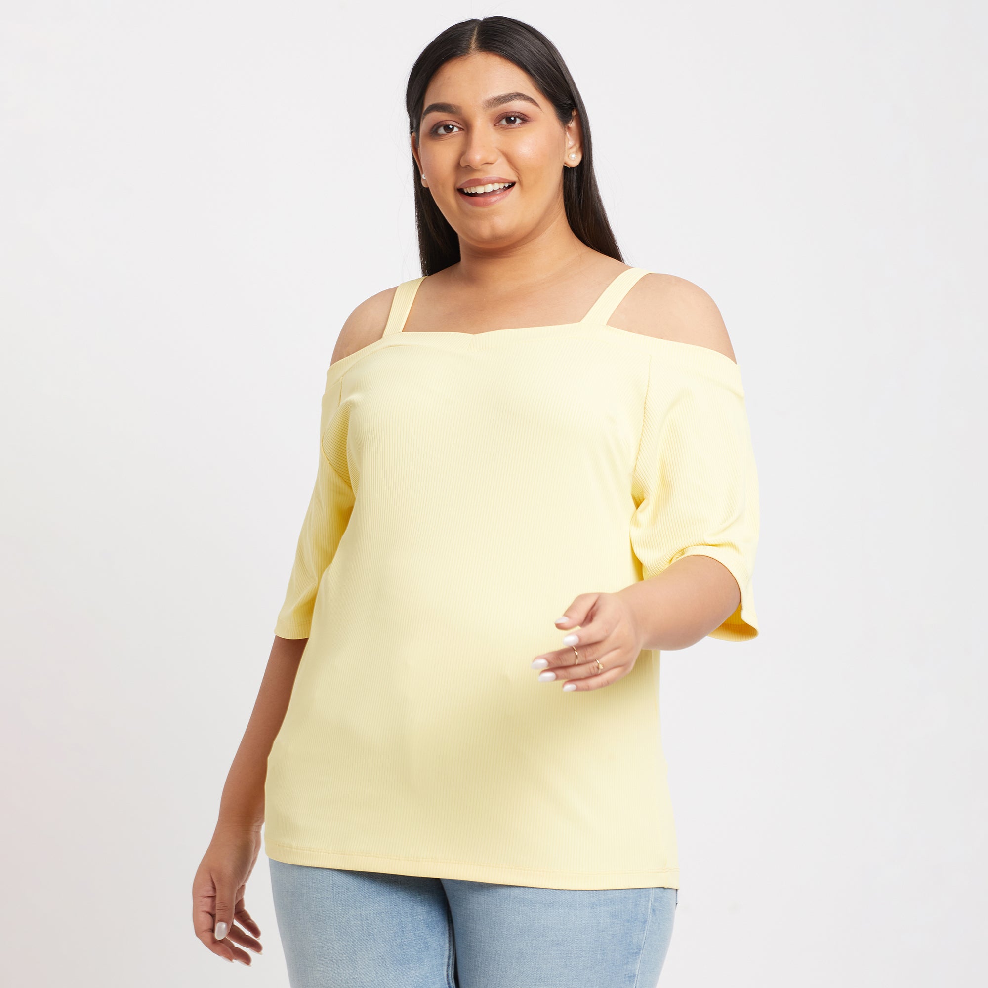 Yellow Off Shoulder Plus Size Rib Top