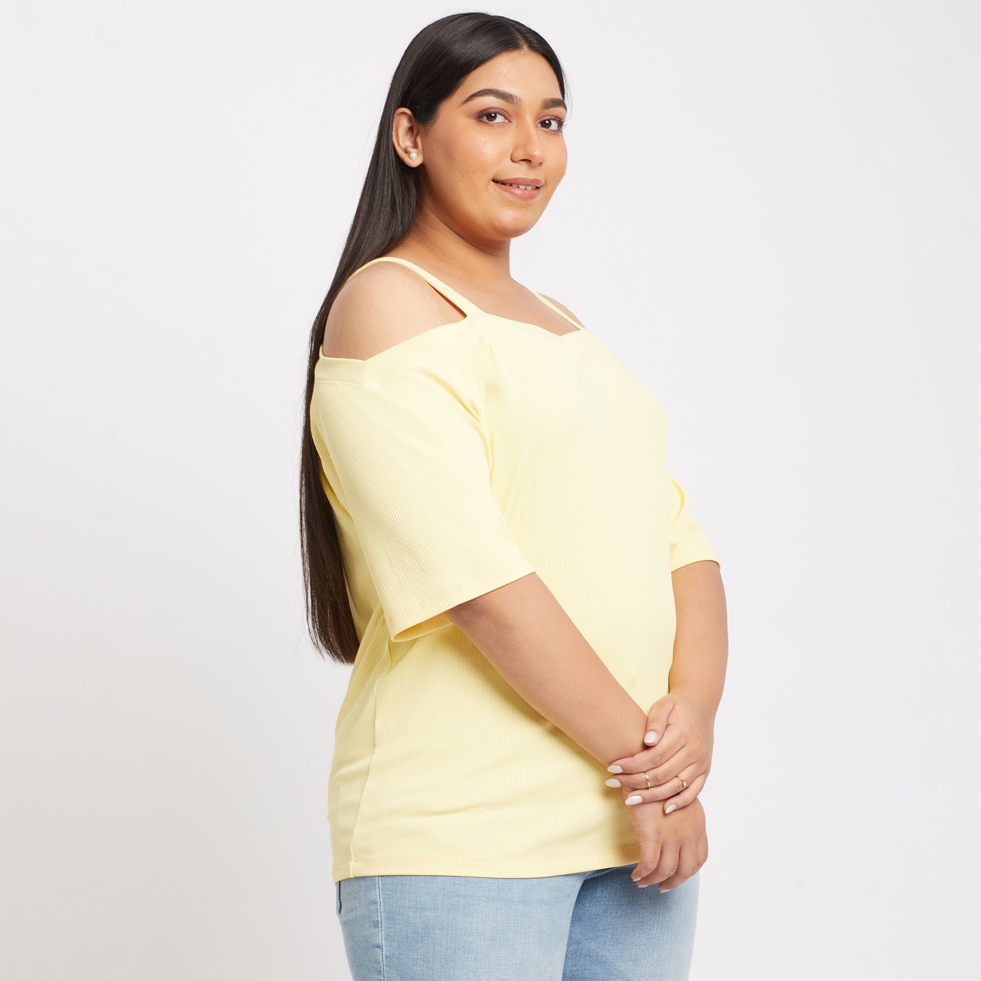 Yellow Off Shoulder Plus Size Rib Top