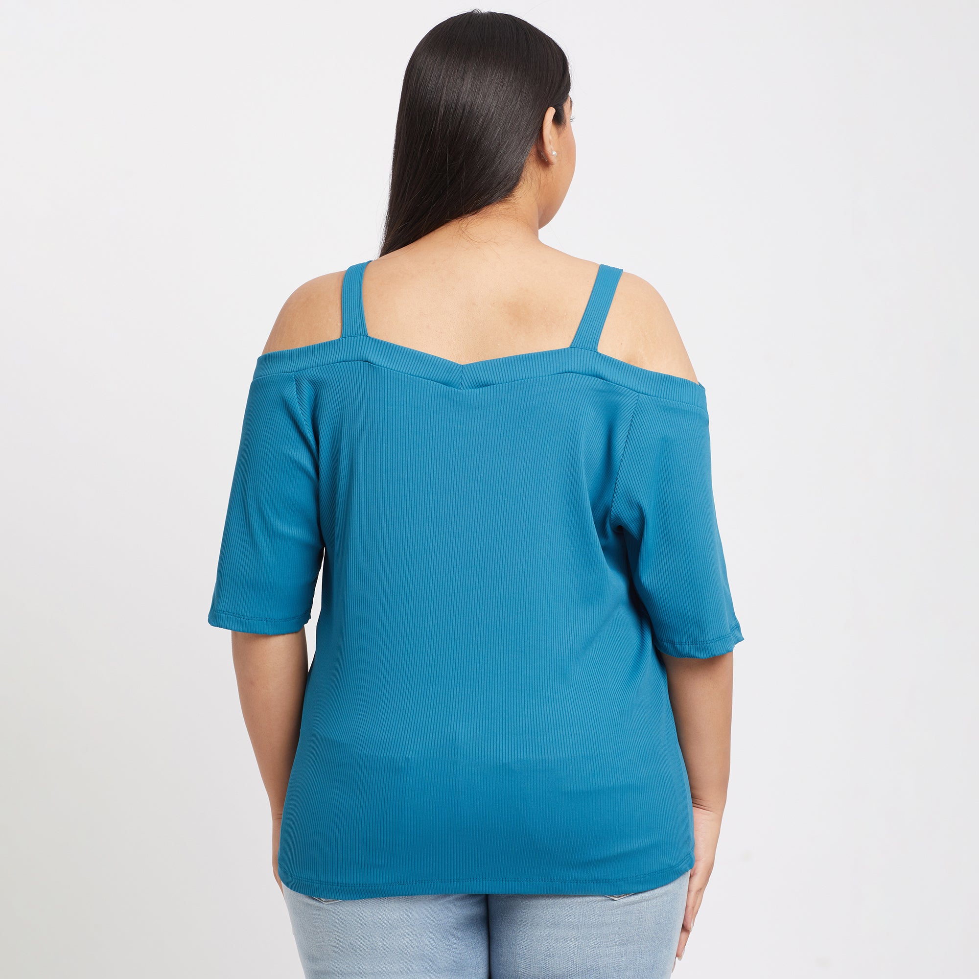 Teal Off Shoulder Plus Size Rib Top