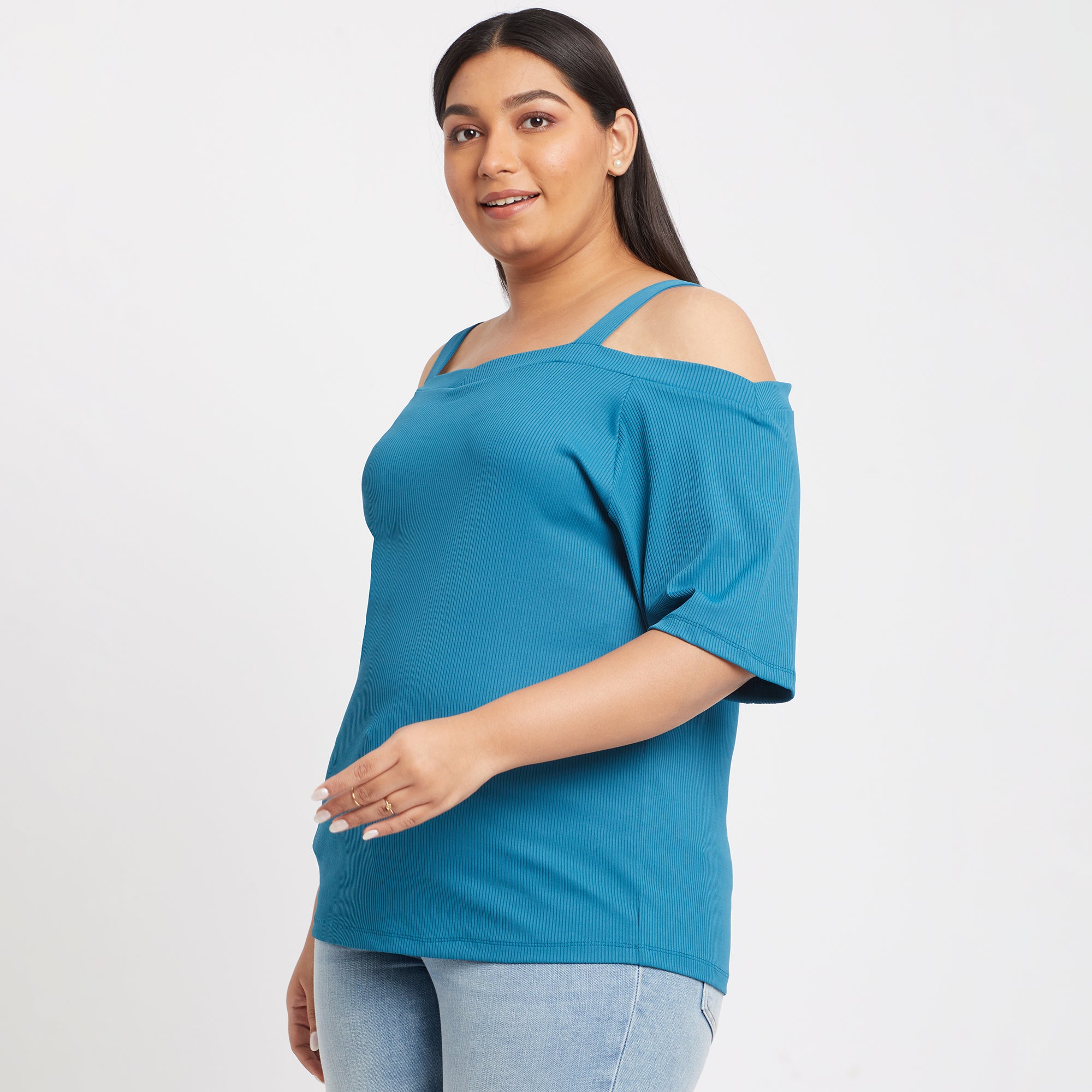 Teal Off Shoulder Plus Size Rib Top