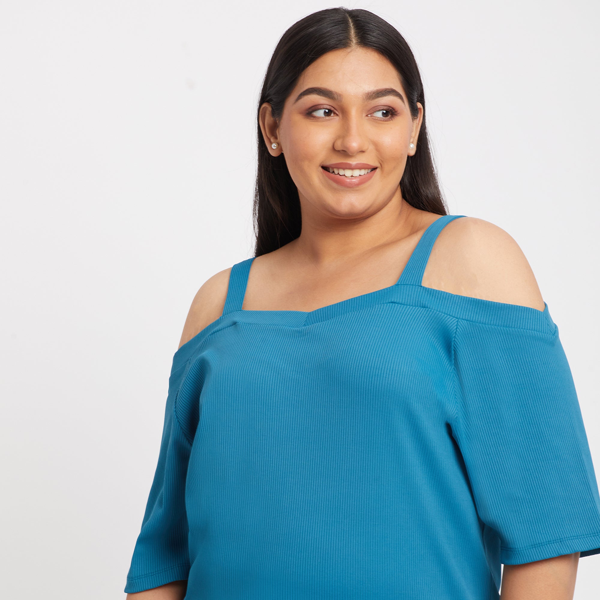 Teal Off Shoulder Plus Size Rib Top