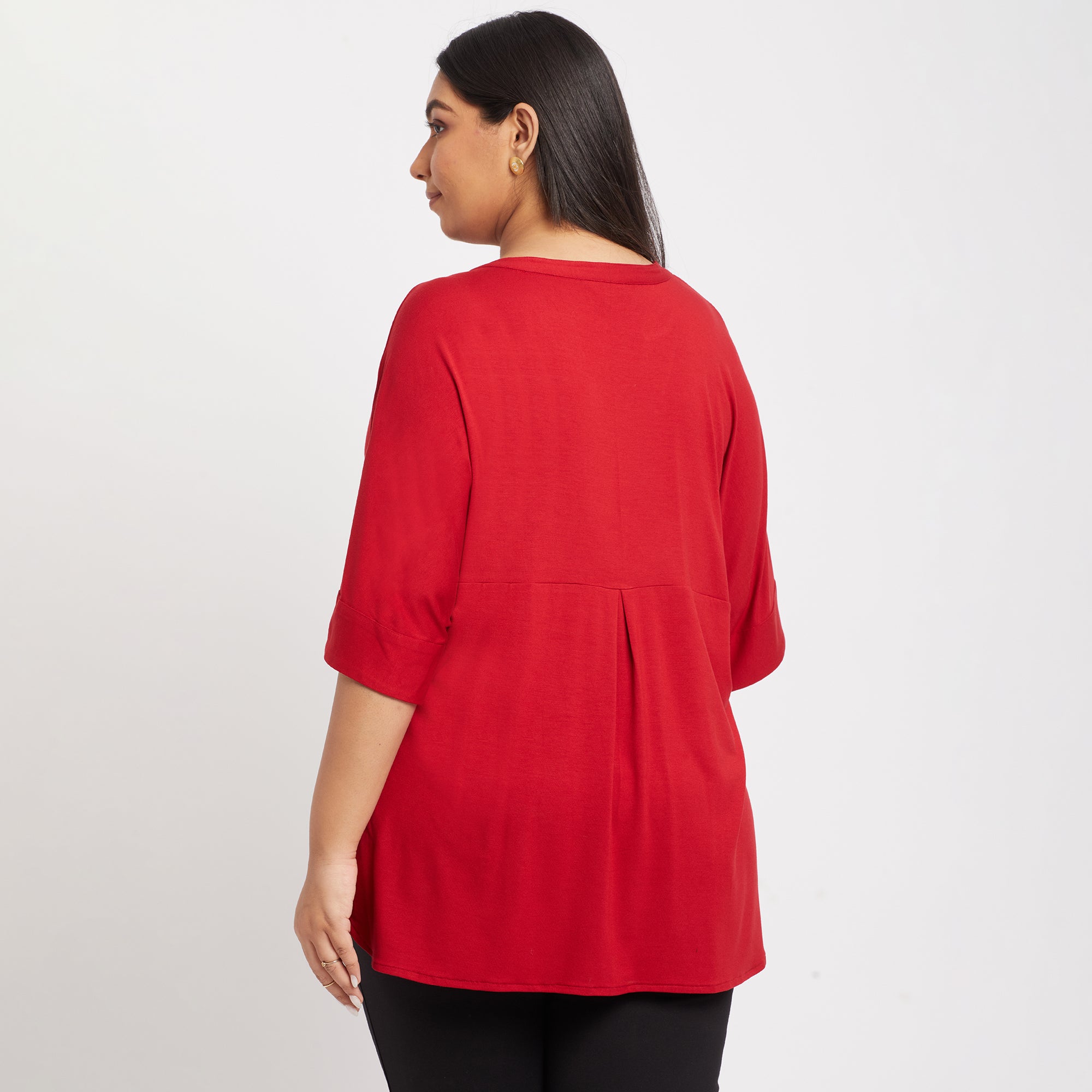 Red Chinese Collar Plus Size Viscose Jersey Top