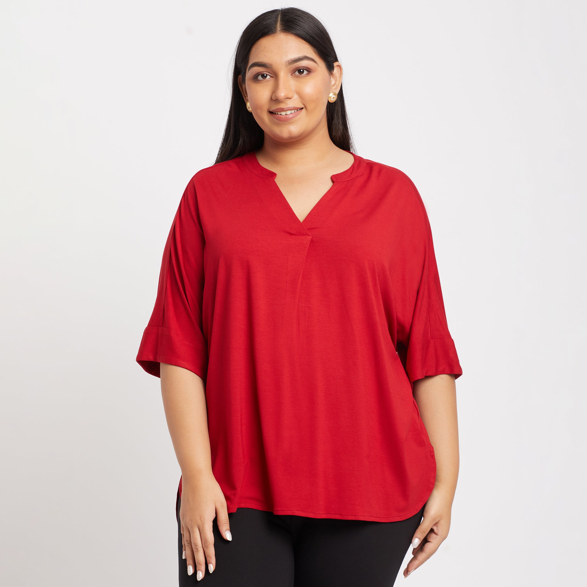 Red Chinese Collar Plus Size Viscose Jersey Top