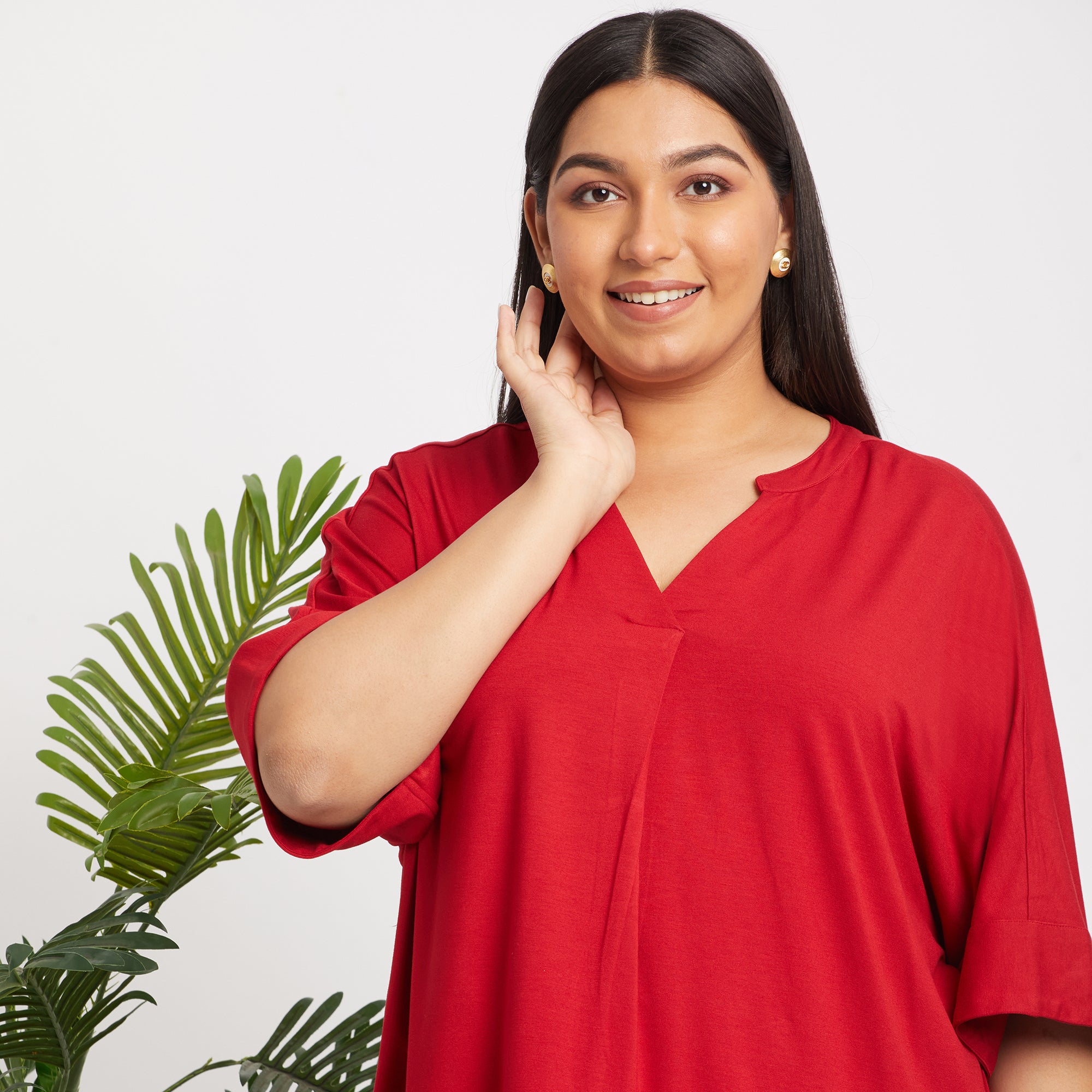 Red Chinese Collar Plus Size Viscose Jersey Top