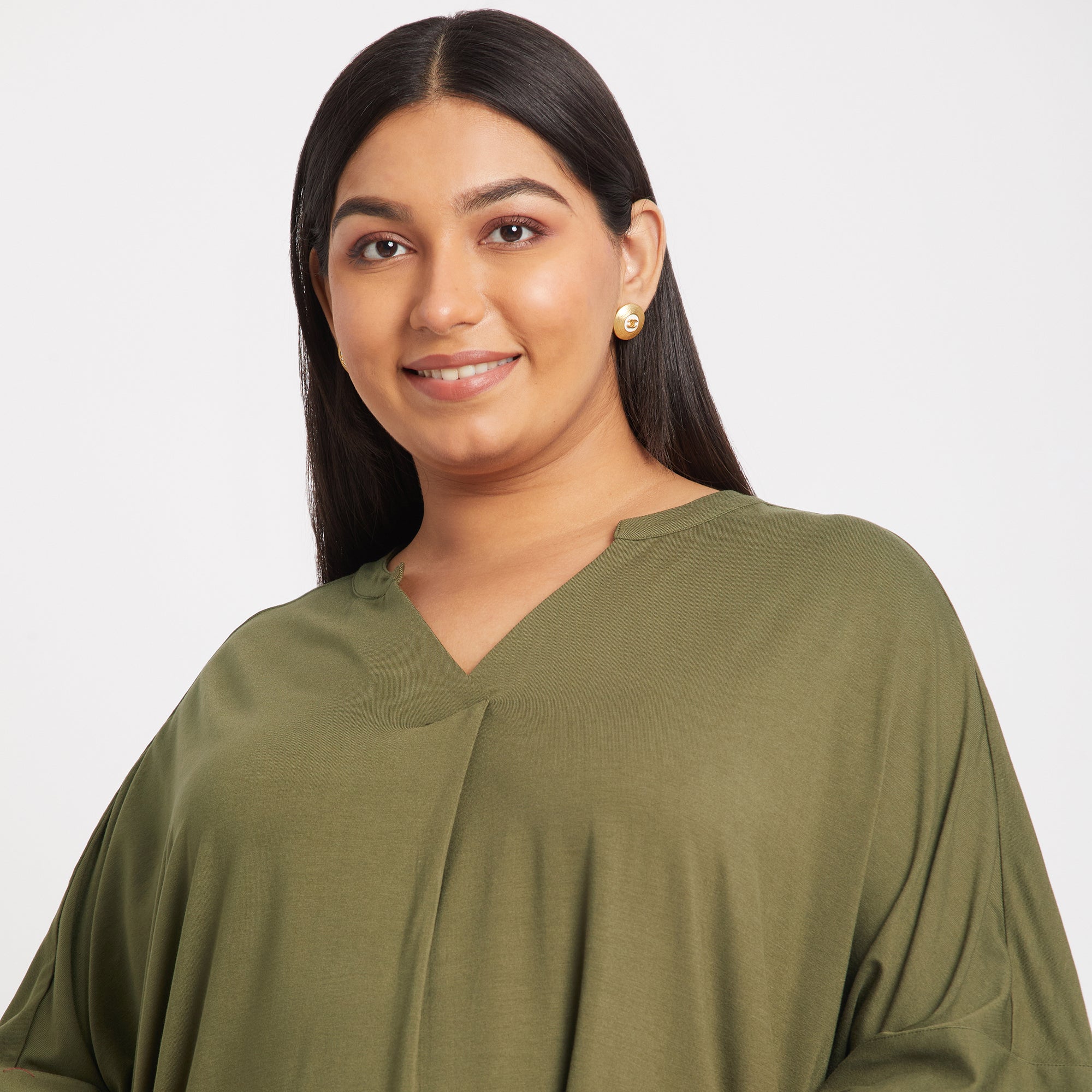 Olive Chinese Collar Plus Size Viscose Jersey Top