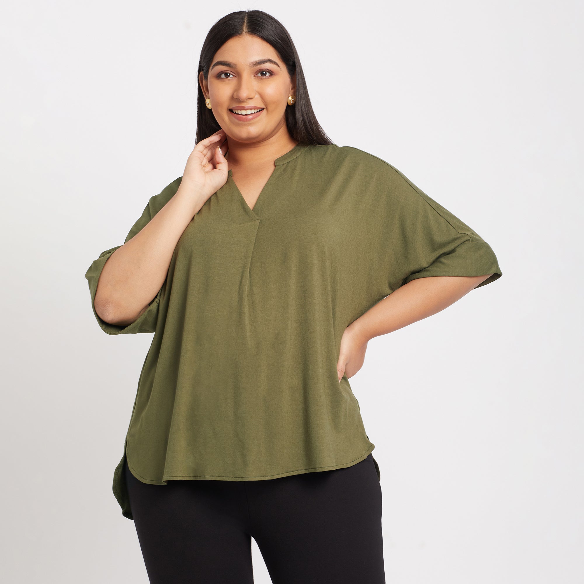 Olive Chinese Collar Plus Size Viscose Jersey Top