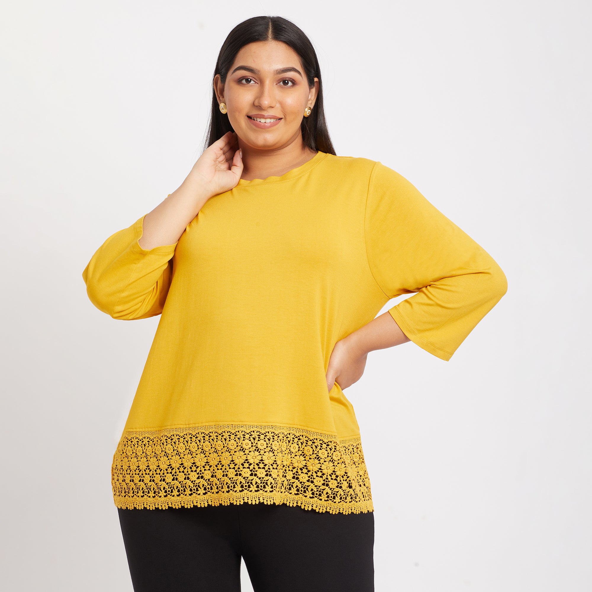 Lace Insert Mustard Plus Size Viscose Top