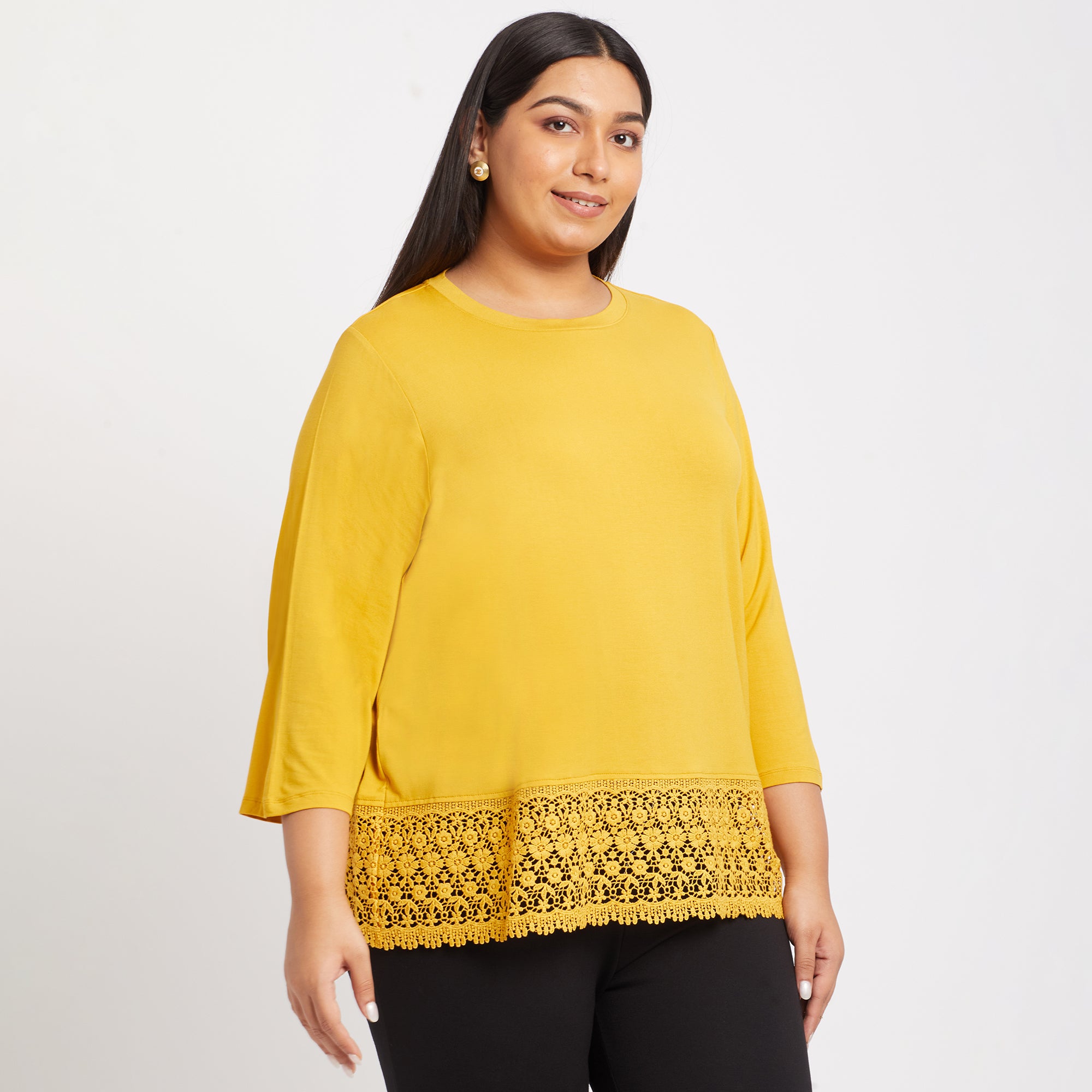 Lace Insert Mustard Plus Size Viscose Top