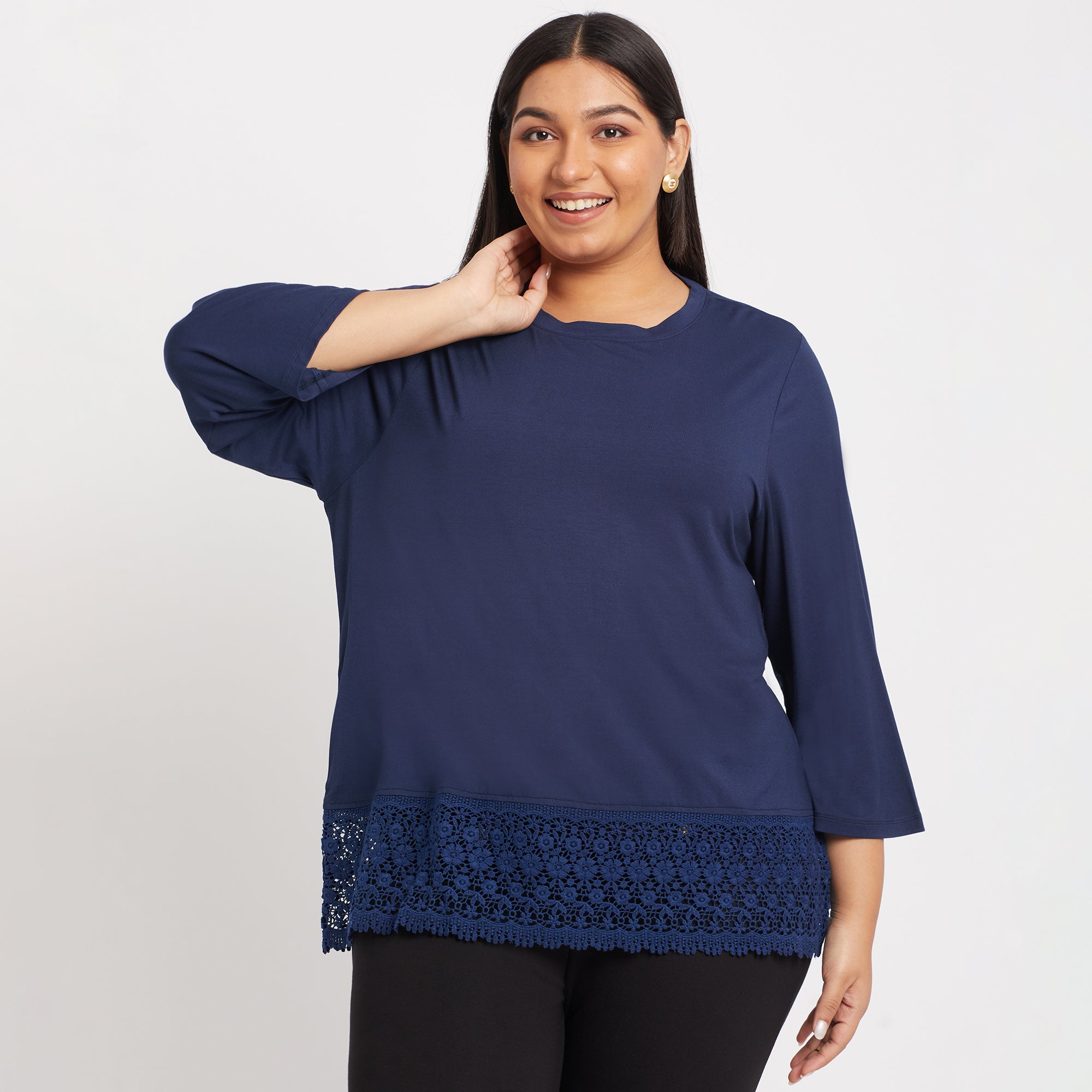 Lace Insert Navy Plus Size Viscose Top