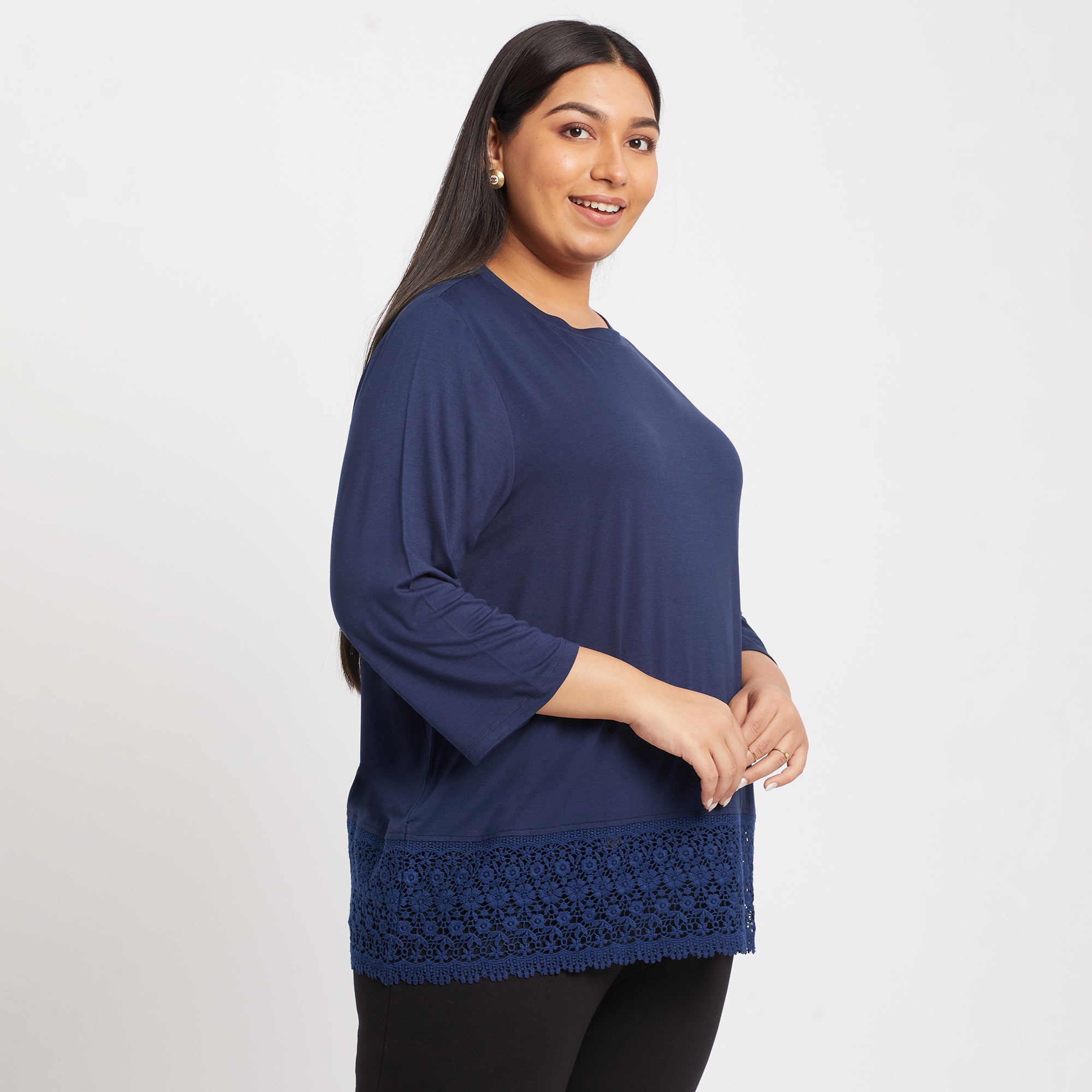 Lace Insert Navy Plus Size Viscose Top