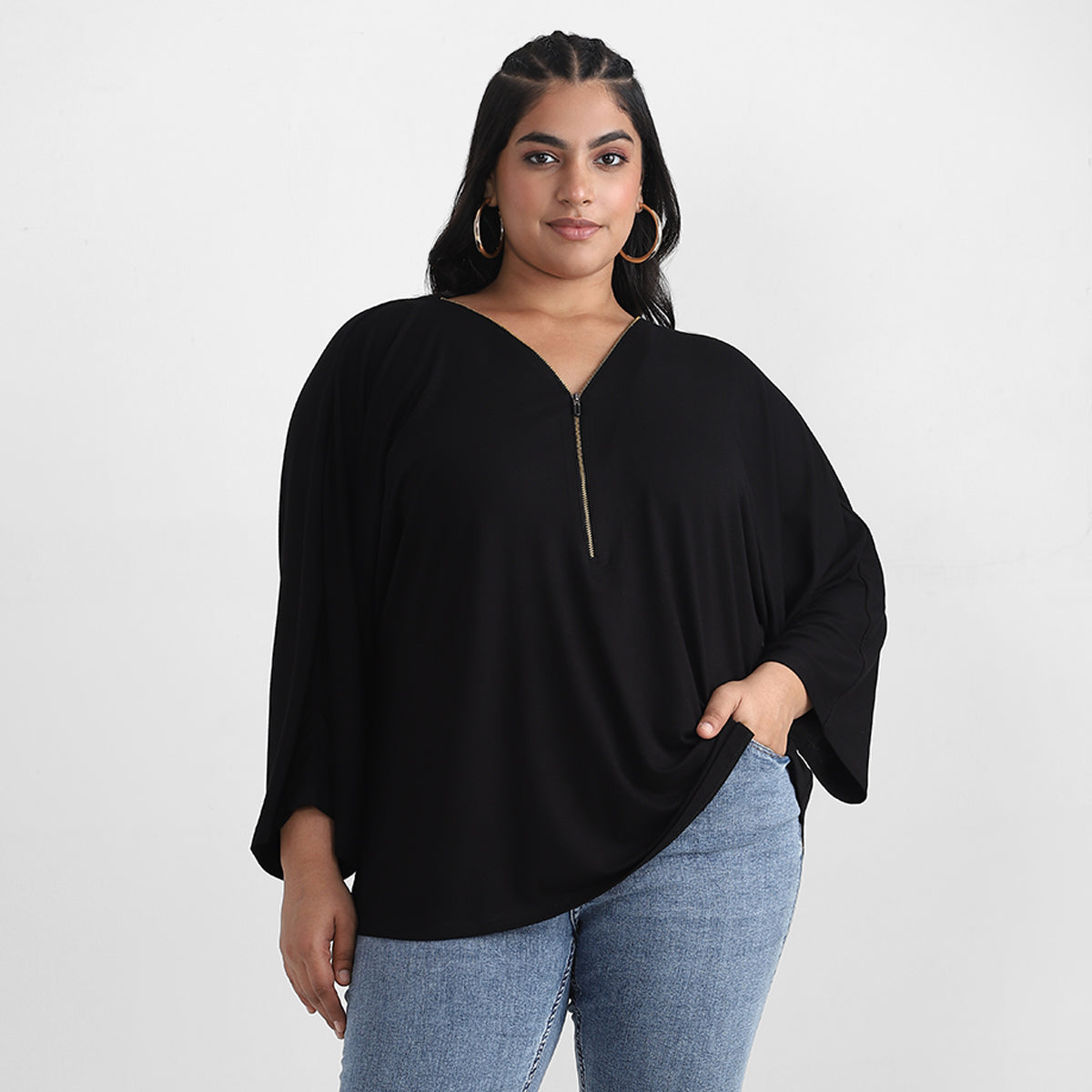 Zipper Detail Black V Neck Plus Size Viscose Top