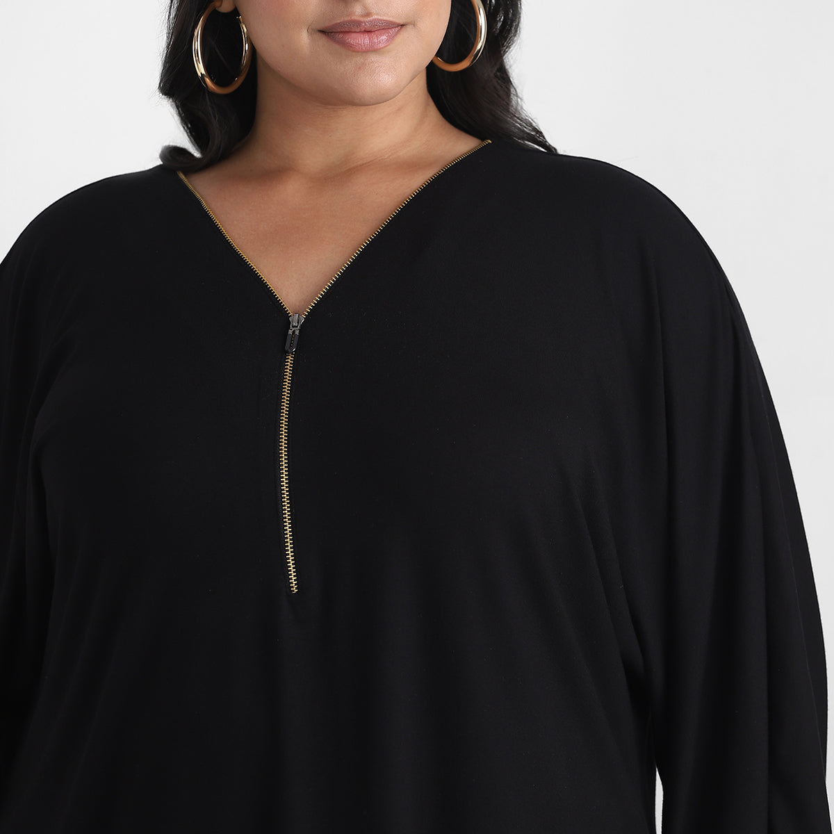 Zipper Detail Black V Neck Plus Size Viscose Top