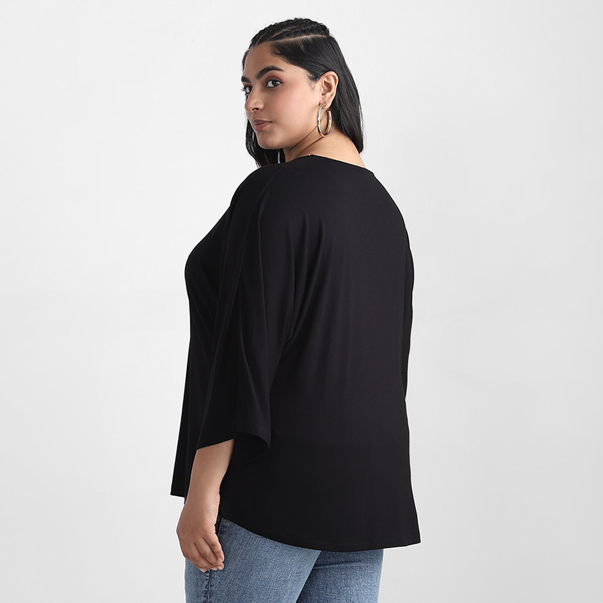 Zipper Detail Black V Neck Plus Size Viscose Top