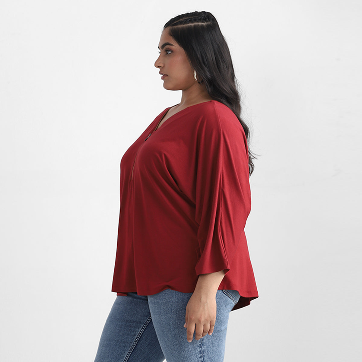 Zipper Detail Maroon V Neck Plus Size Viscose Top