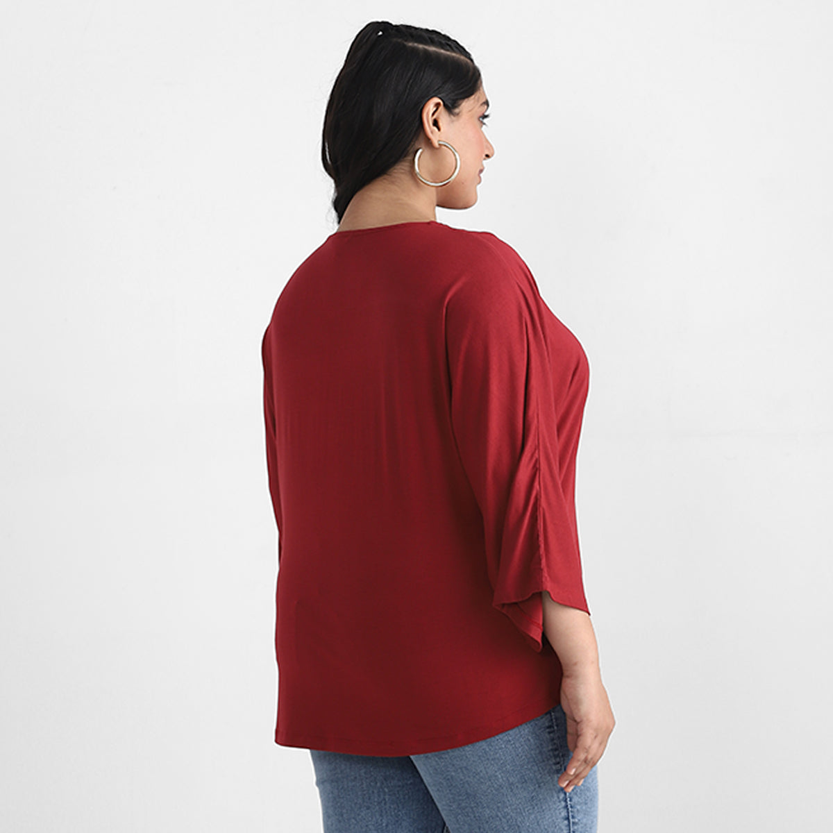 Zipper Detail Maroon V Neck Plus Size Viscose Top