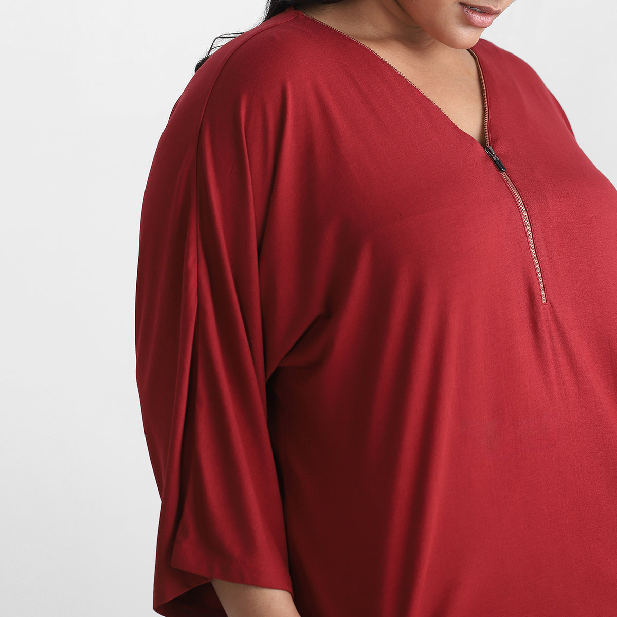 Zipper Detail Maroon V Neck Plus Size Viscose Top