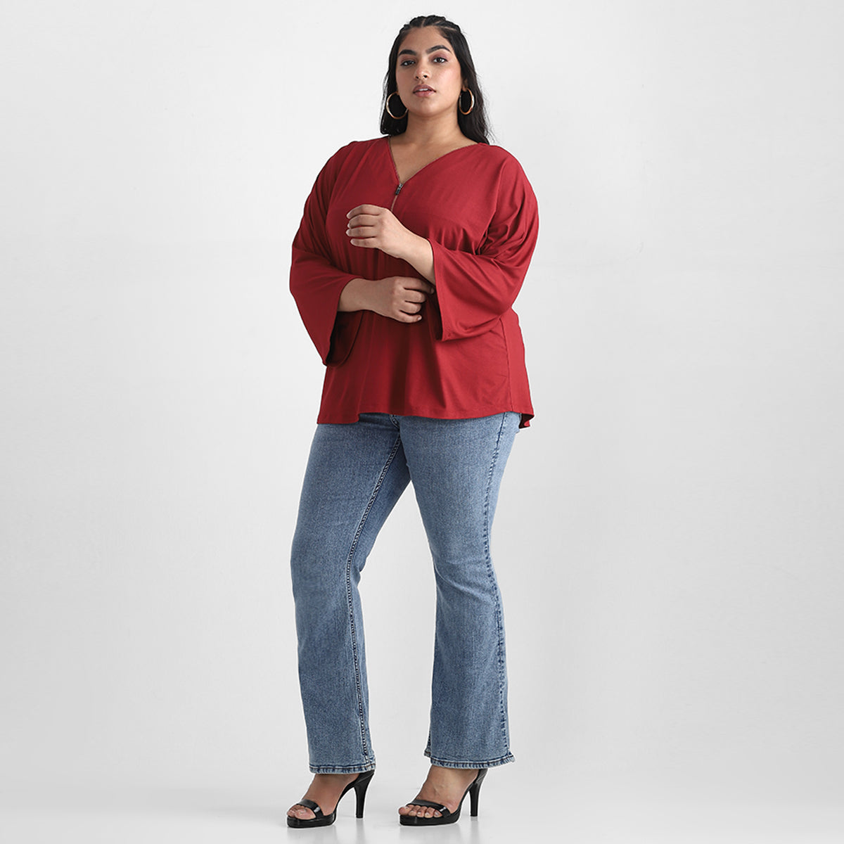 Angled View of Zipper Detail Maroon V Neck Plus Size Viscose Top
