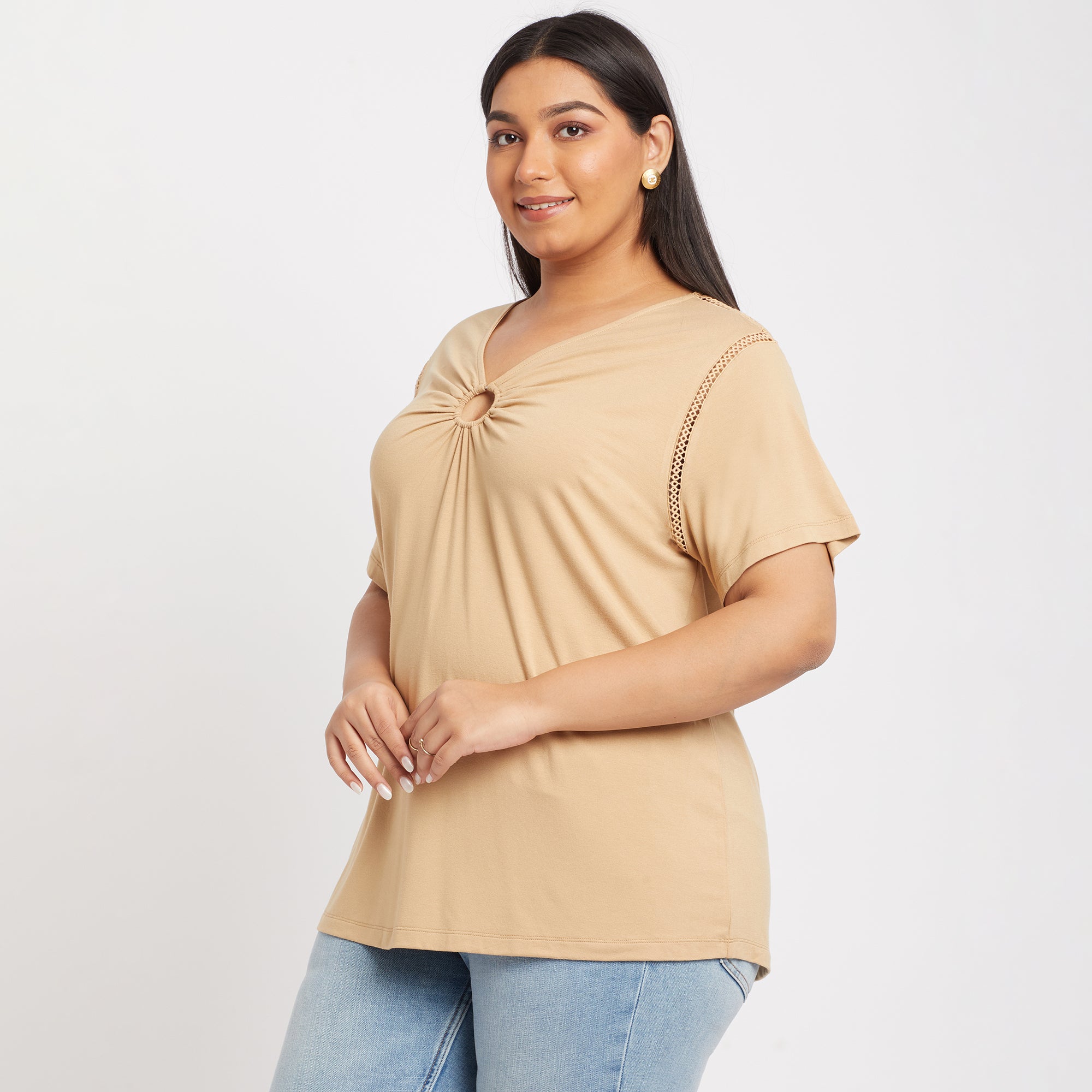 Ring Detail Viscose Jersey Plus Size Top