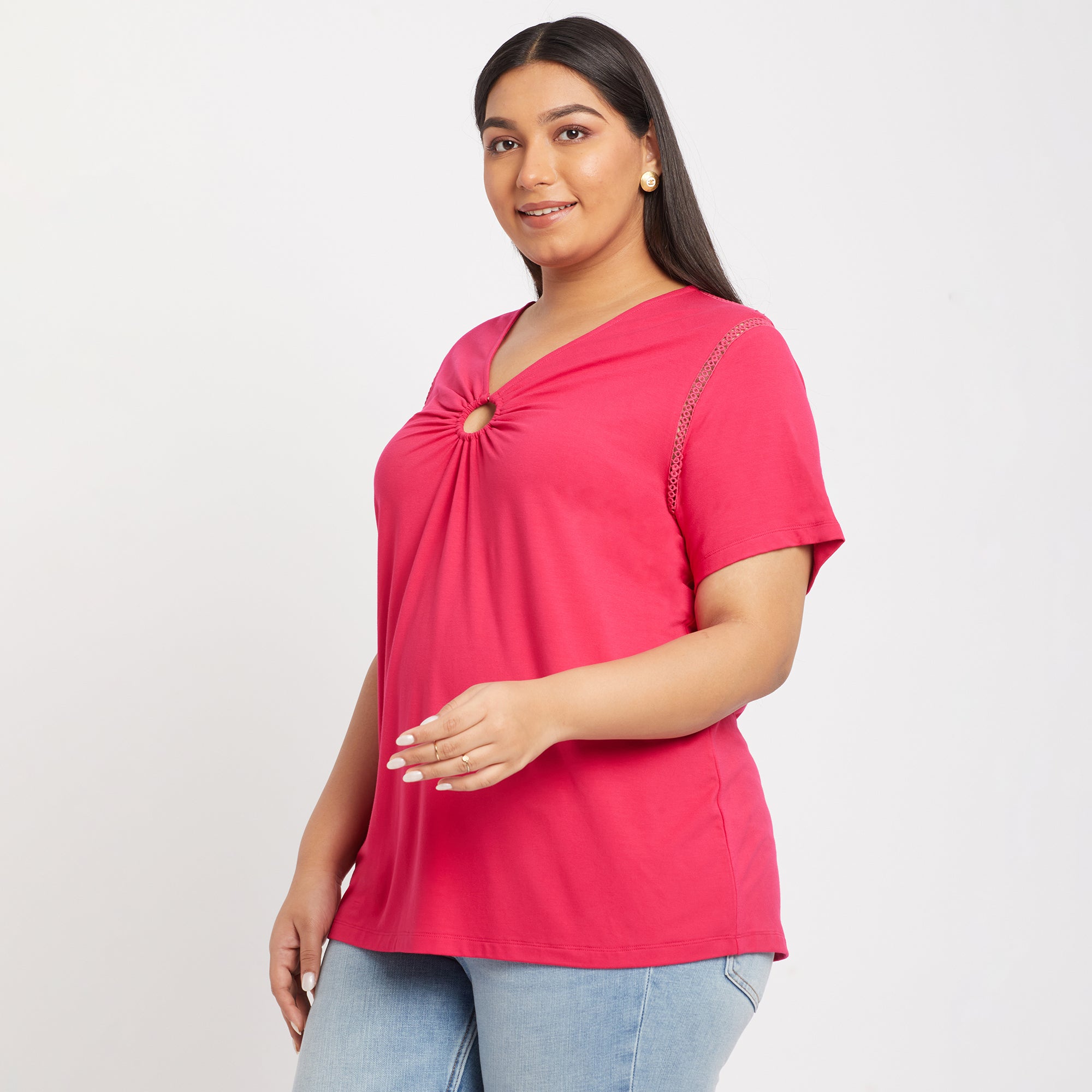 Pink Ring Detail Viscose Jersey Plus Size Top