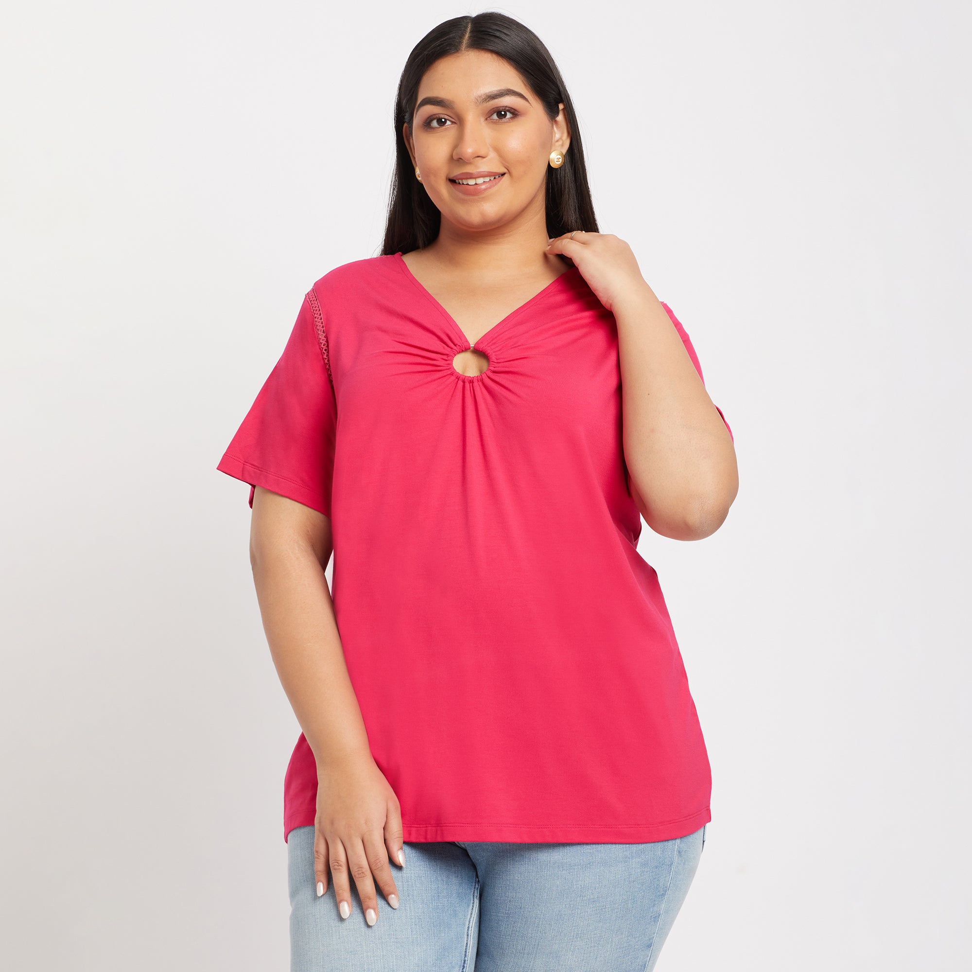 Pink Ring Detail Viscose Jersey Plus Size Top