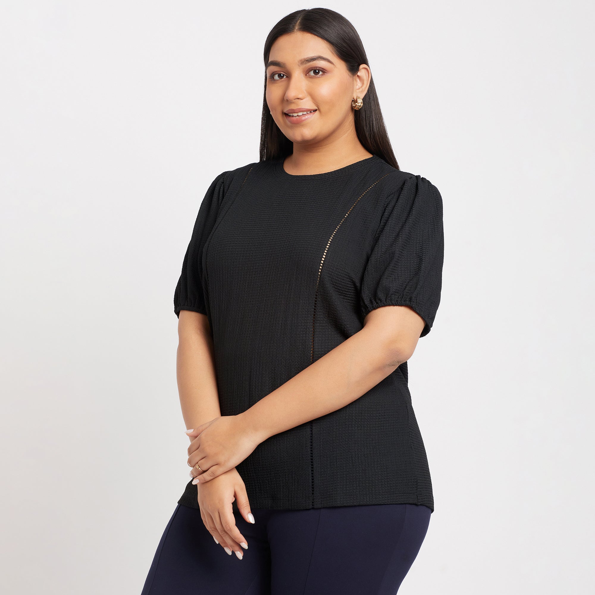 Black Lace Insert Texture Knit Plus Size Top