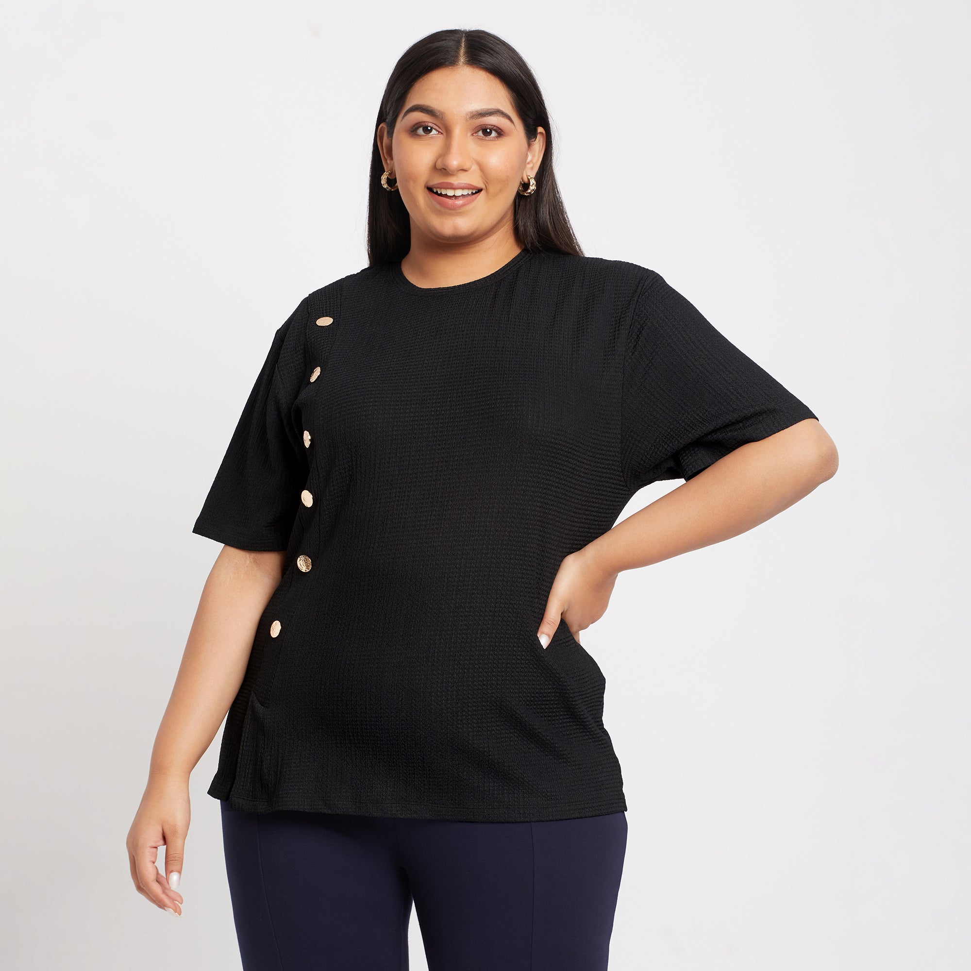 Black Fancy Button Detail Plus Size Knit Top