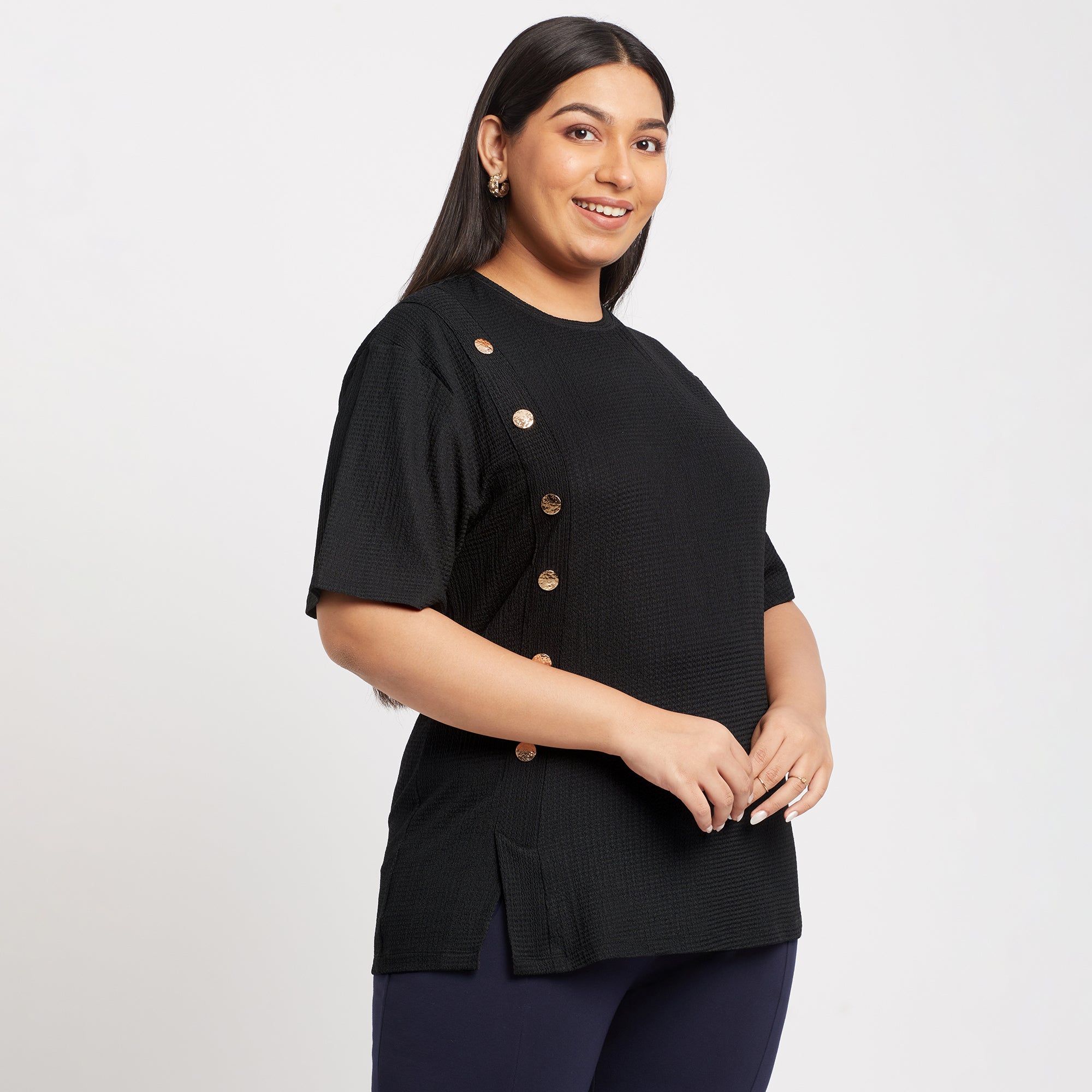 Black Fancy Button Detail Plus Size Knit Top