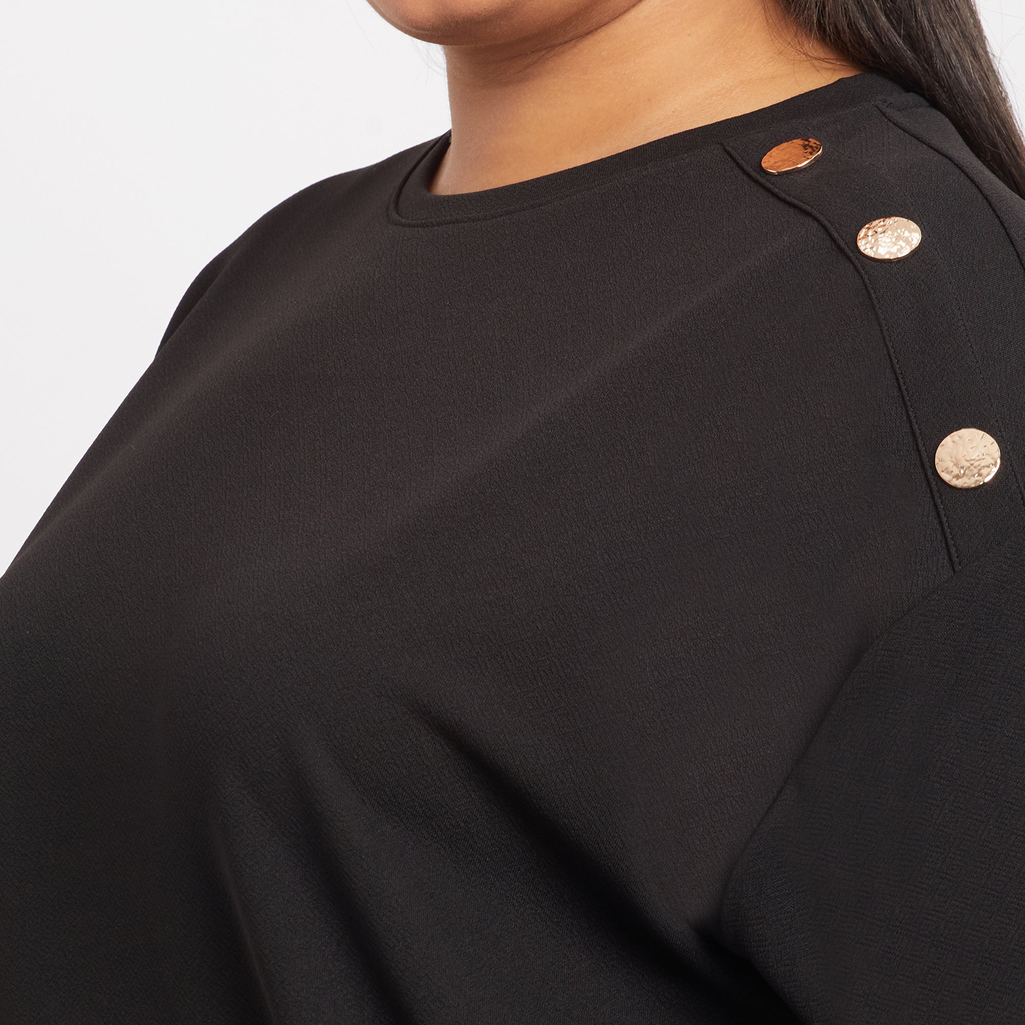 Elegant Black Shoulder Buttoned Plus Size Knit Top