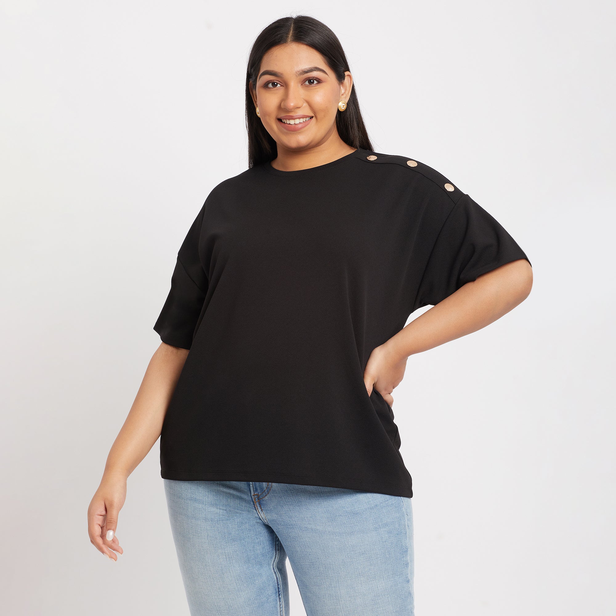 Elegant Black Shoulder Buttoned Plus Size Knit Top