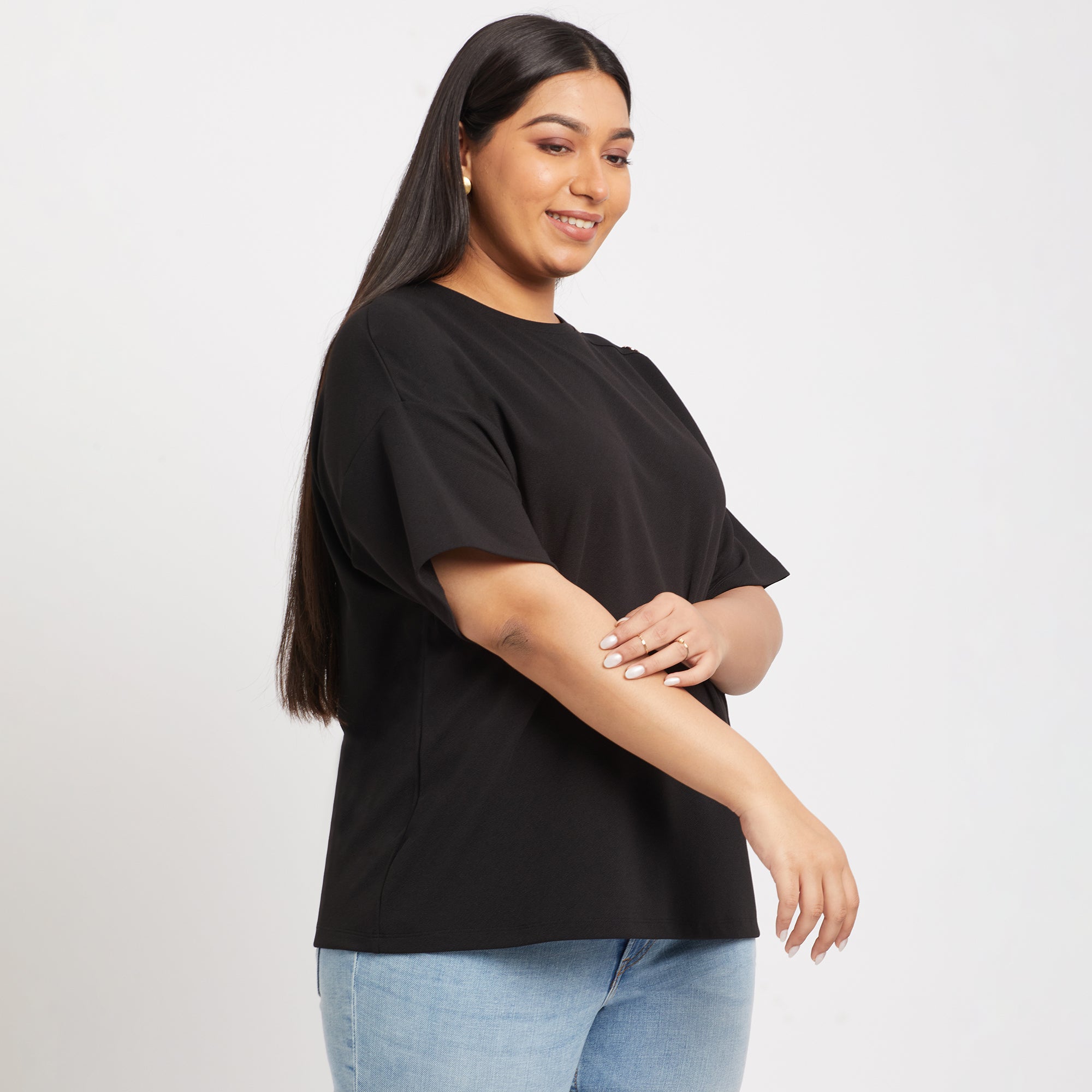 Elegant Black Shoulder Buttoned Plus Size Knit Top