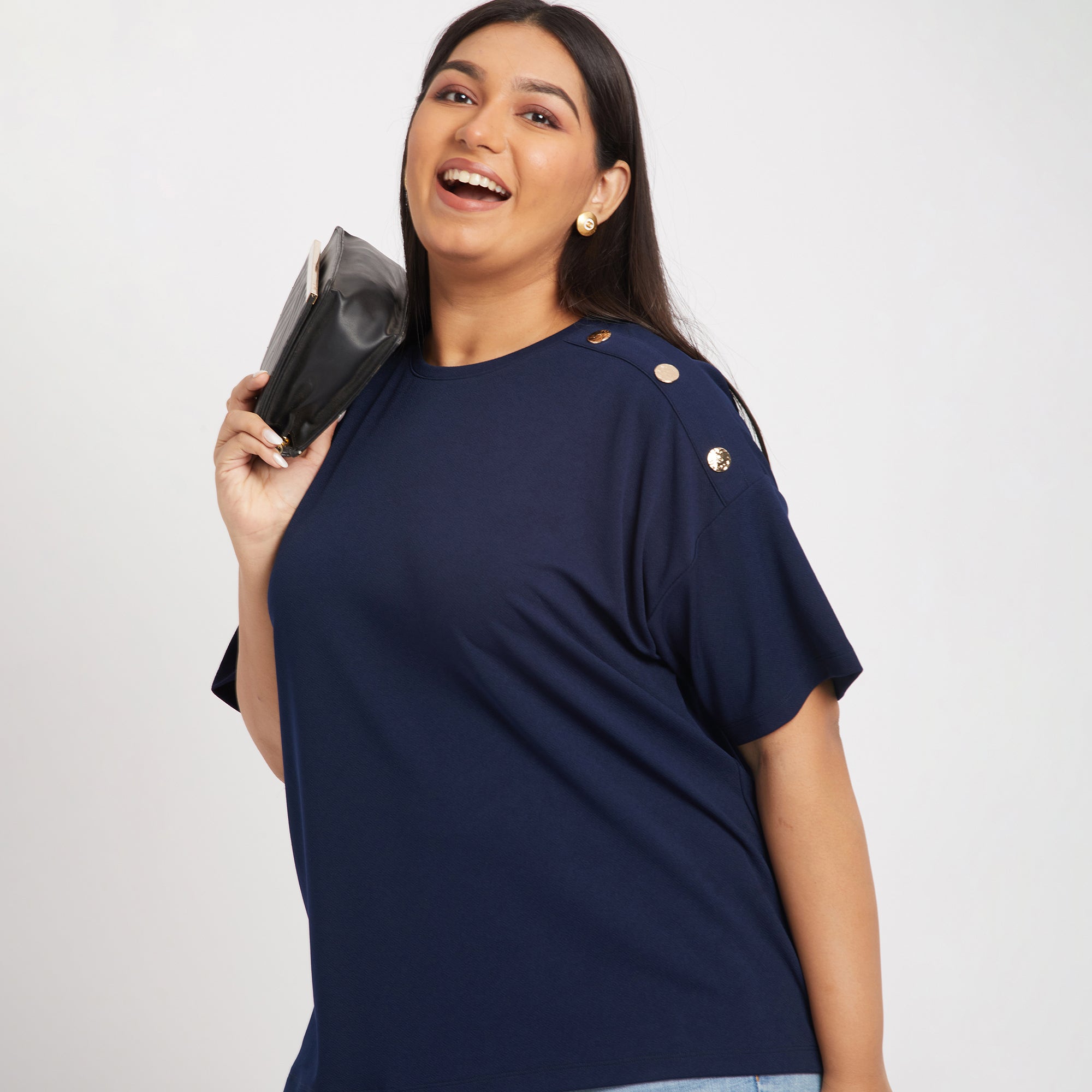 Navy Button Detail Plus Size Knit Top