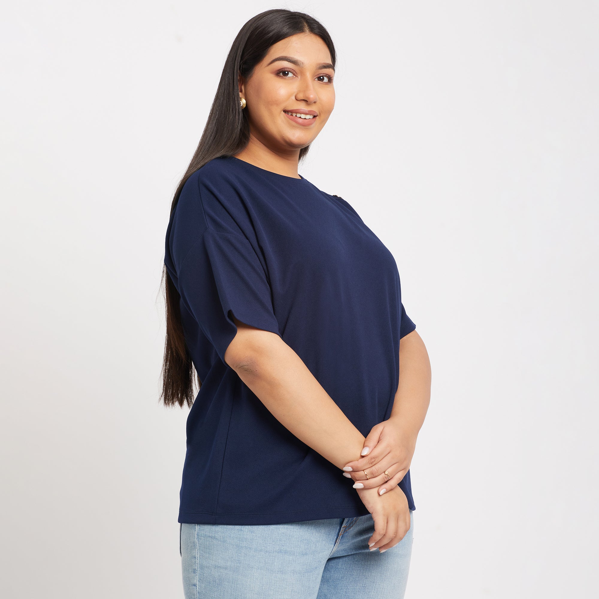 Navy Button Detail Plus Size Knit Top