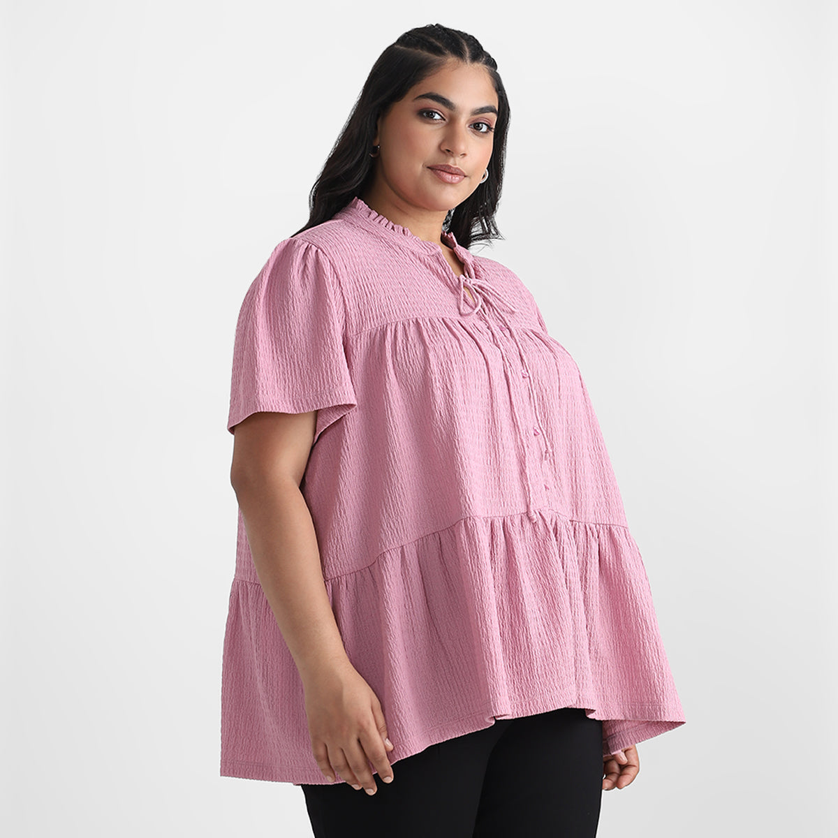 Pink Texture Knit Plus Size Tier Top