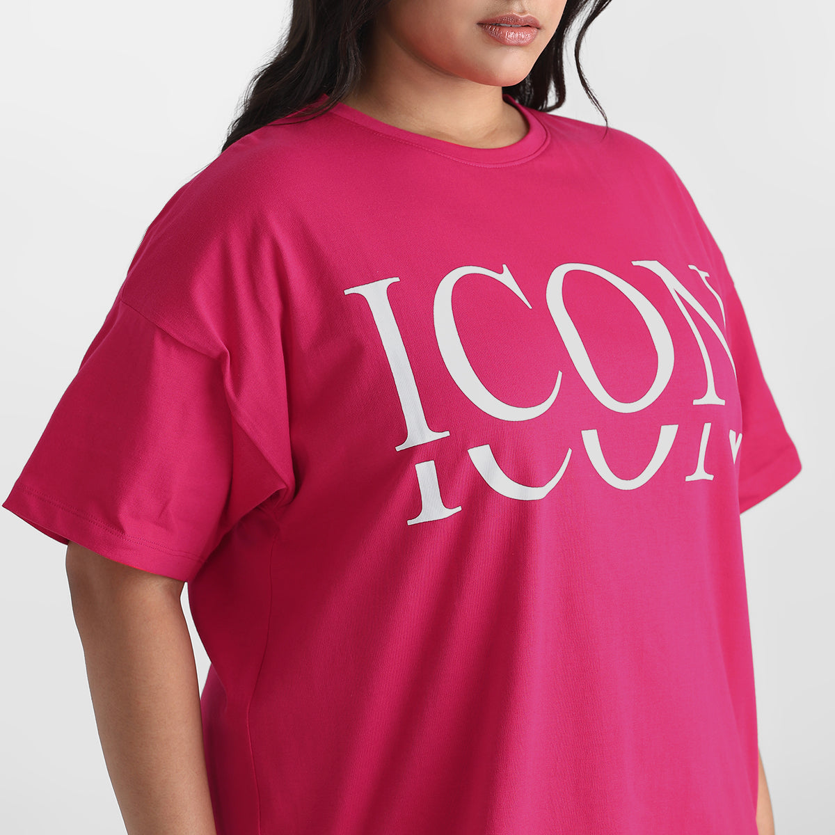 Fuchsia Icon Plus Size Chest Print Cotton Tee