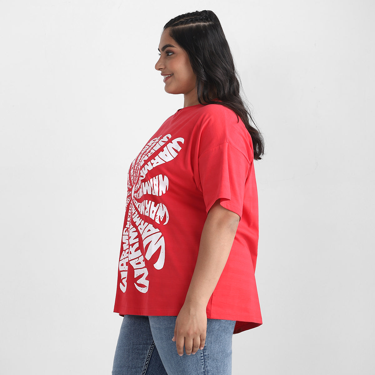 Red Warm Plus Size Chest Print Cotton Tee