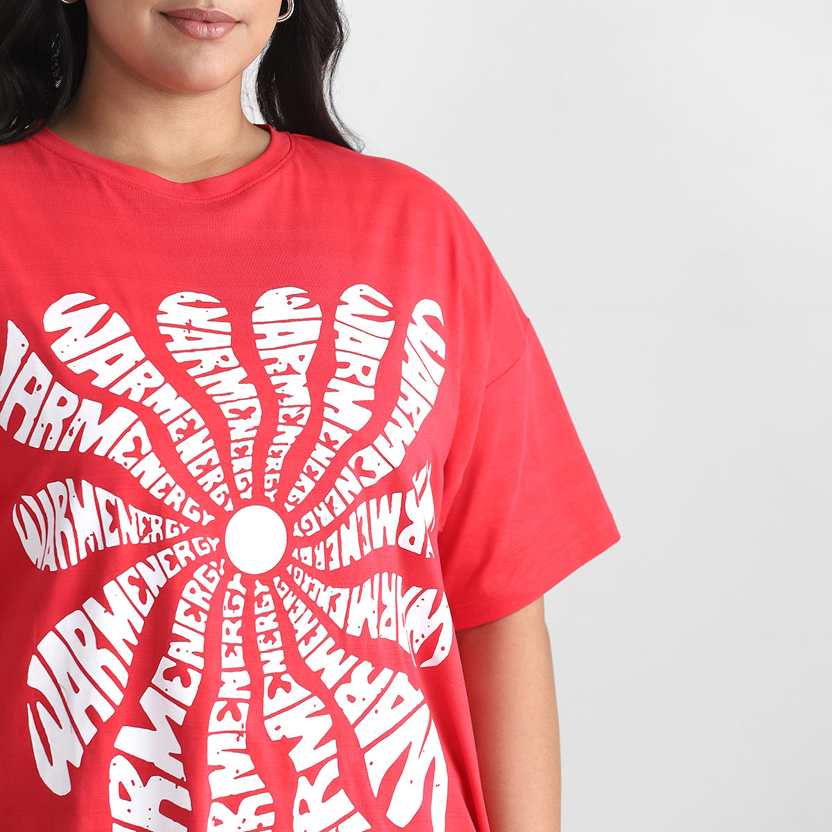 Red Warm Plus Size Chest Print Cotton Tee