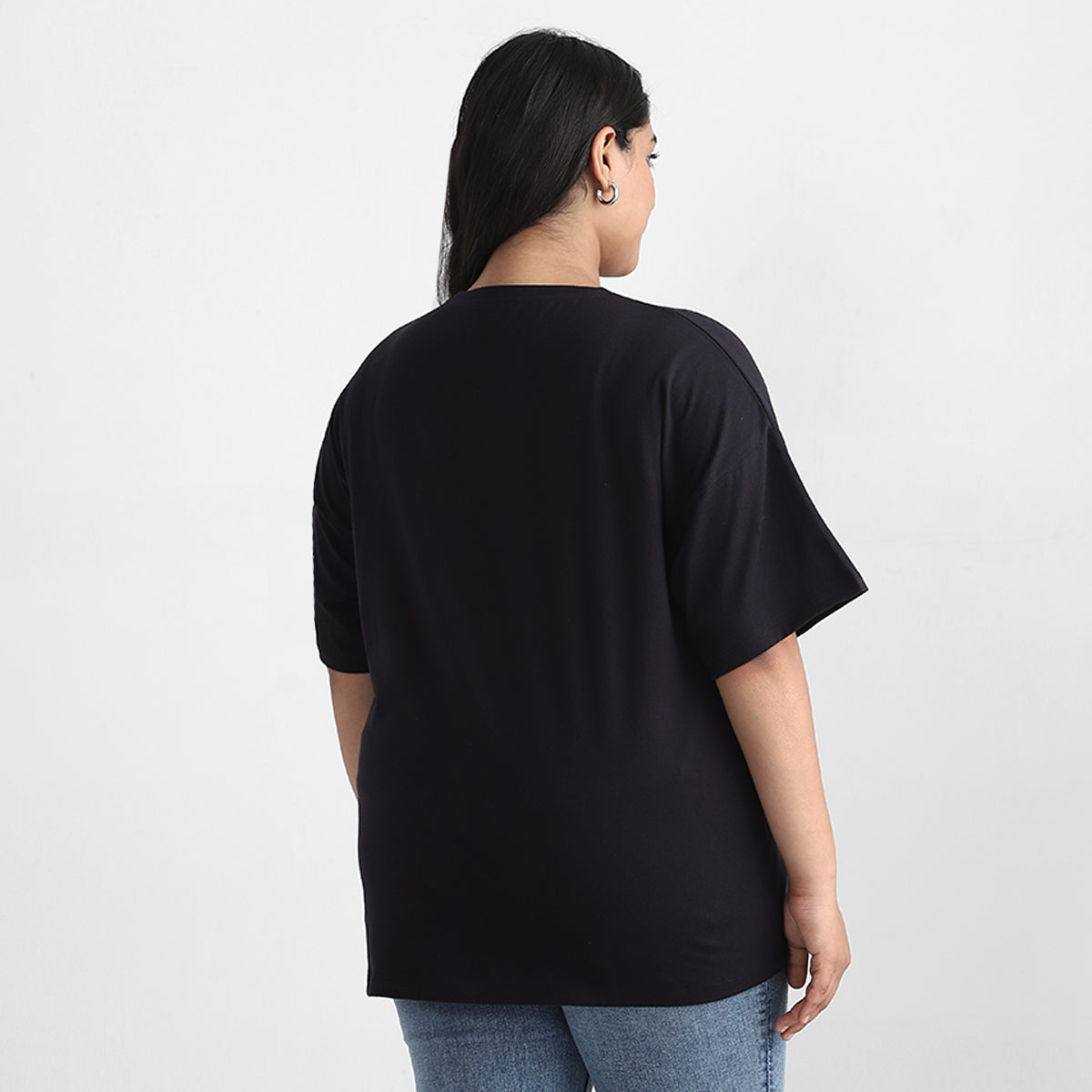 Black Floral Plus Size Chest Print Cotton Tee