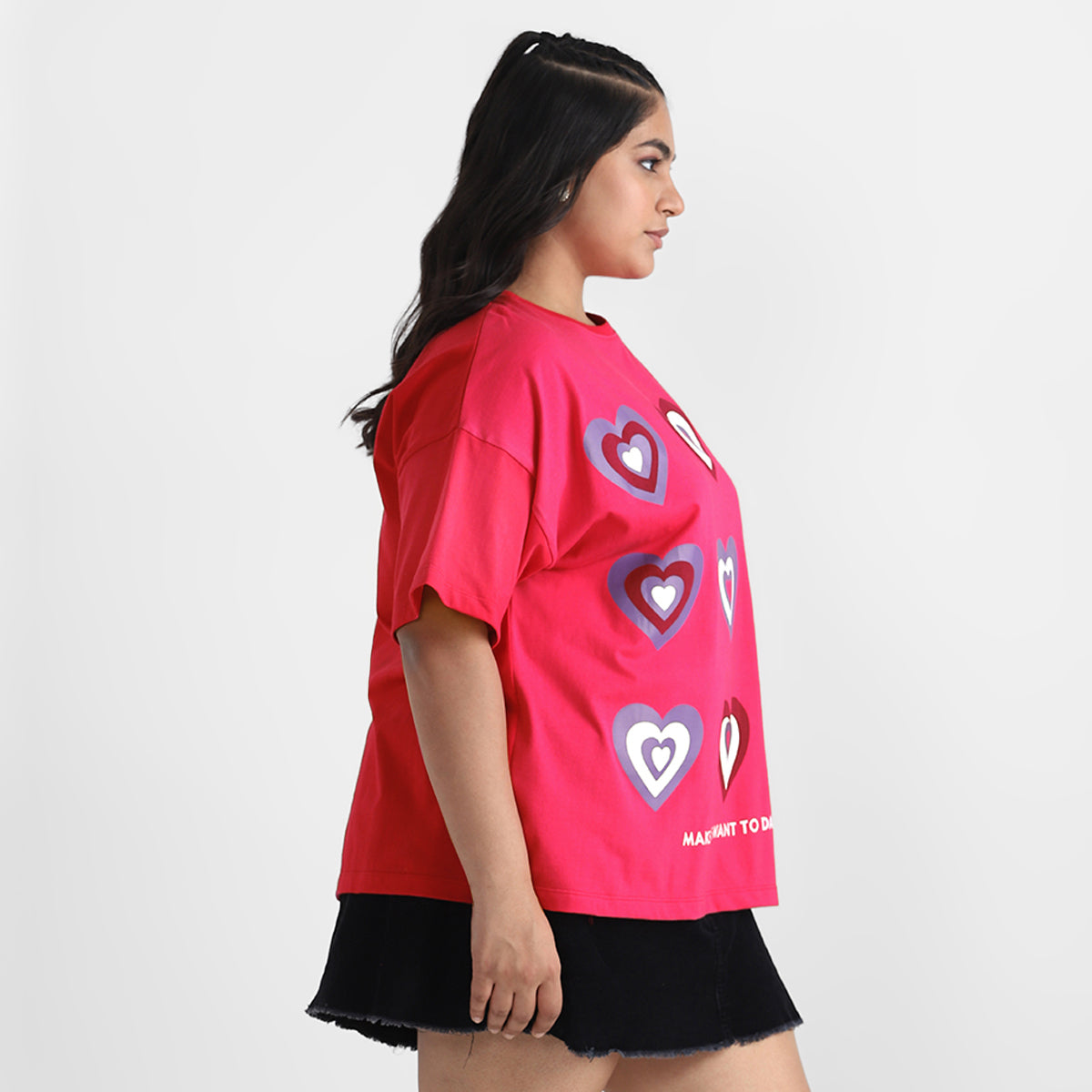 Fuchsia Heart Plus Size Chest Print Cotton Tee