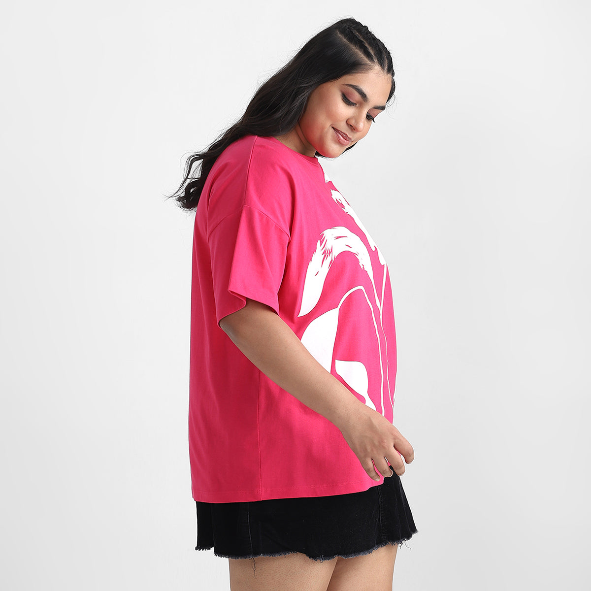 Fuchsia Rose Plus Size Chest Print Cotton Tee