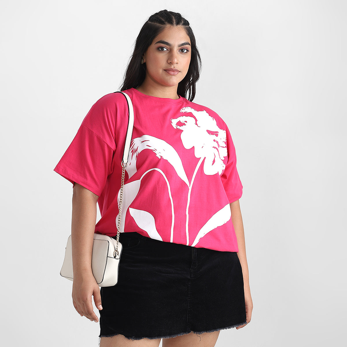 Fuchsia Rose Plus Size Chest Print Cotton Tee