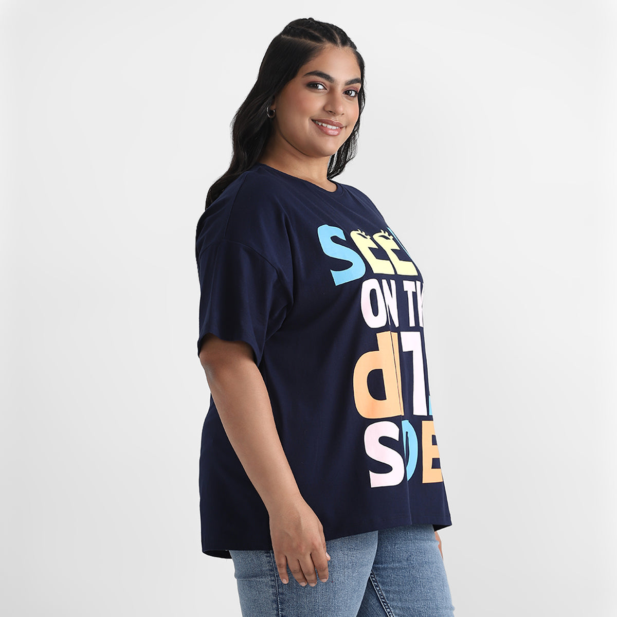 Navy Plus Size Chest Print Cotton Tee