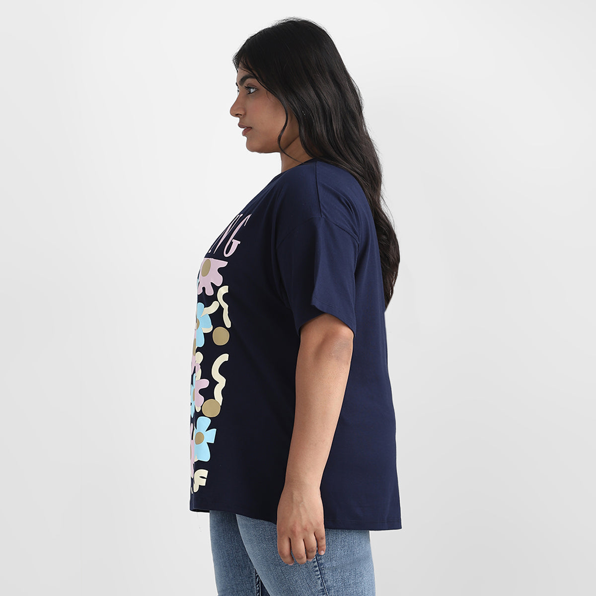 Black Blooming Plus Size Chest Print Cotton Tee