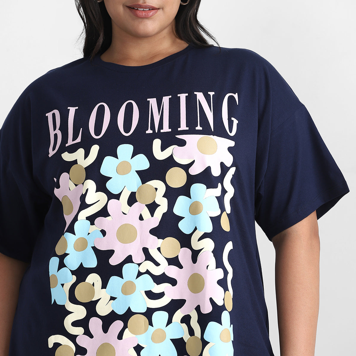 Black Blooming Plus Size Chest Print Cotton Tee