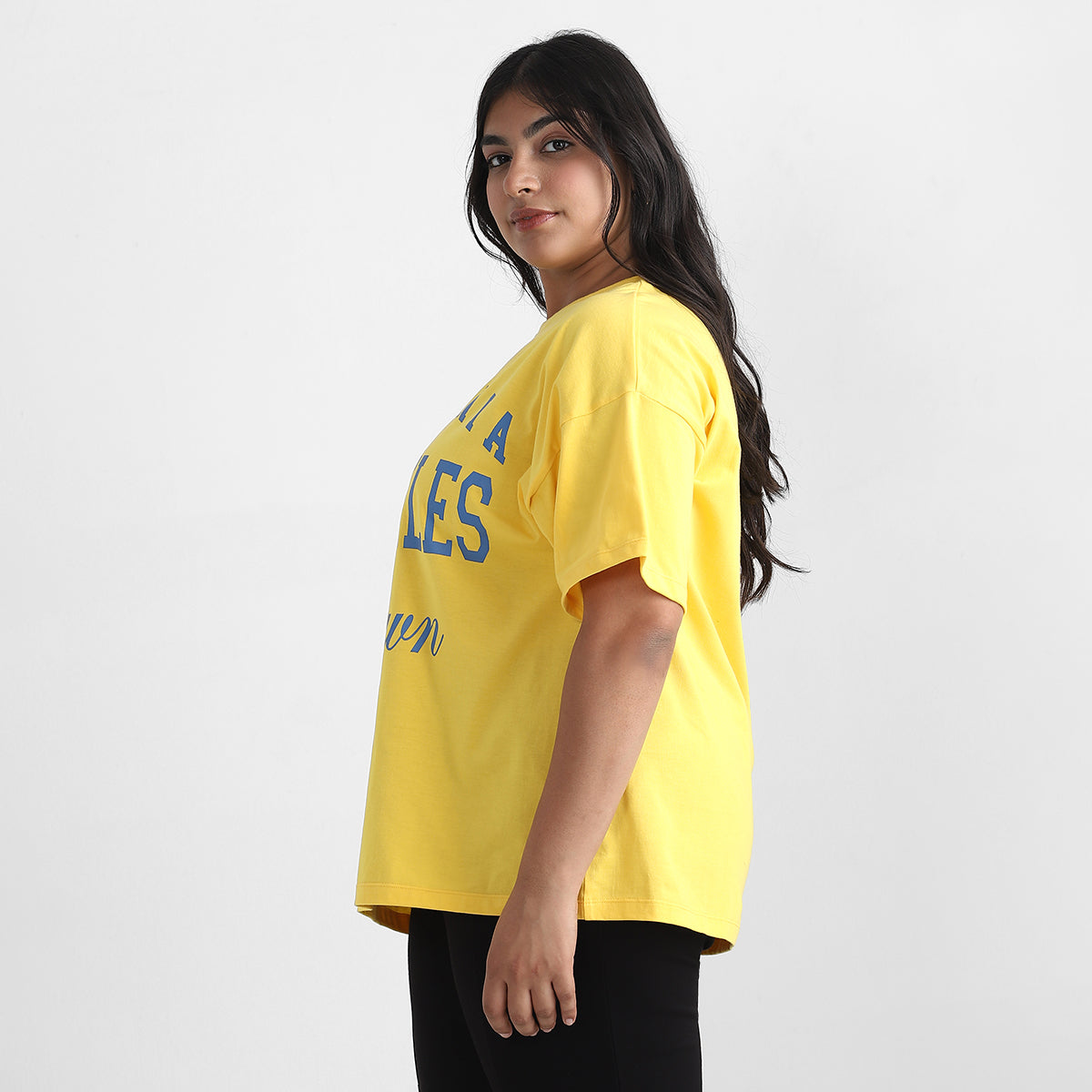 Yellow Text Plus Size Chest Print Cotton Tee