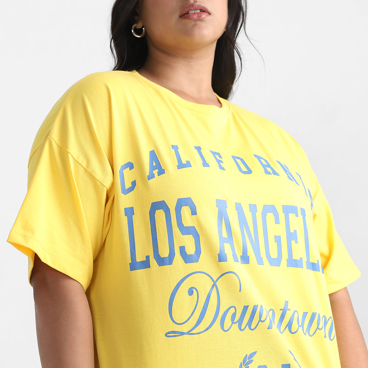 Yellow Text Plus Size Chest Print Cotton Tee