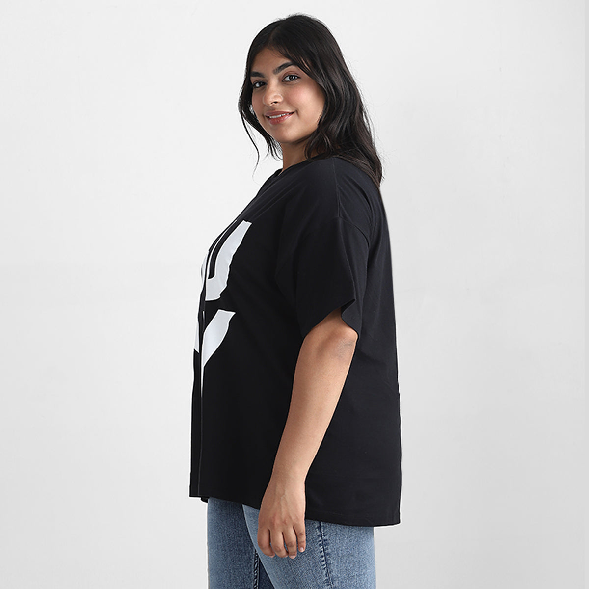 Black Text Plus Size Chest Print Cotton Tee