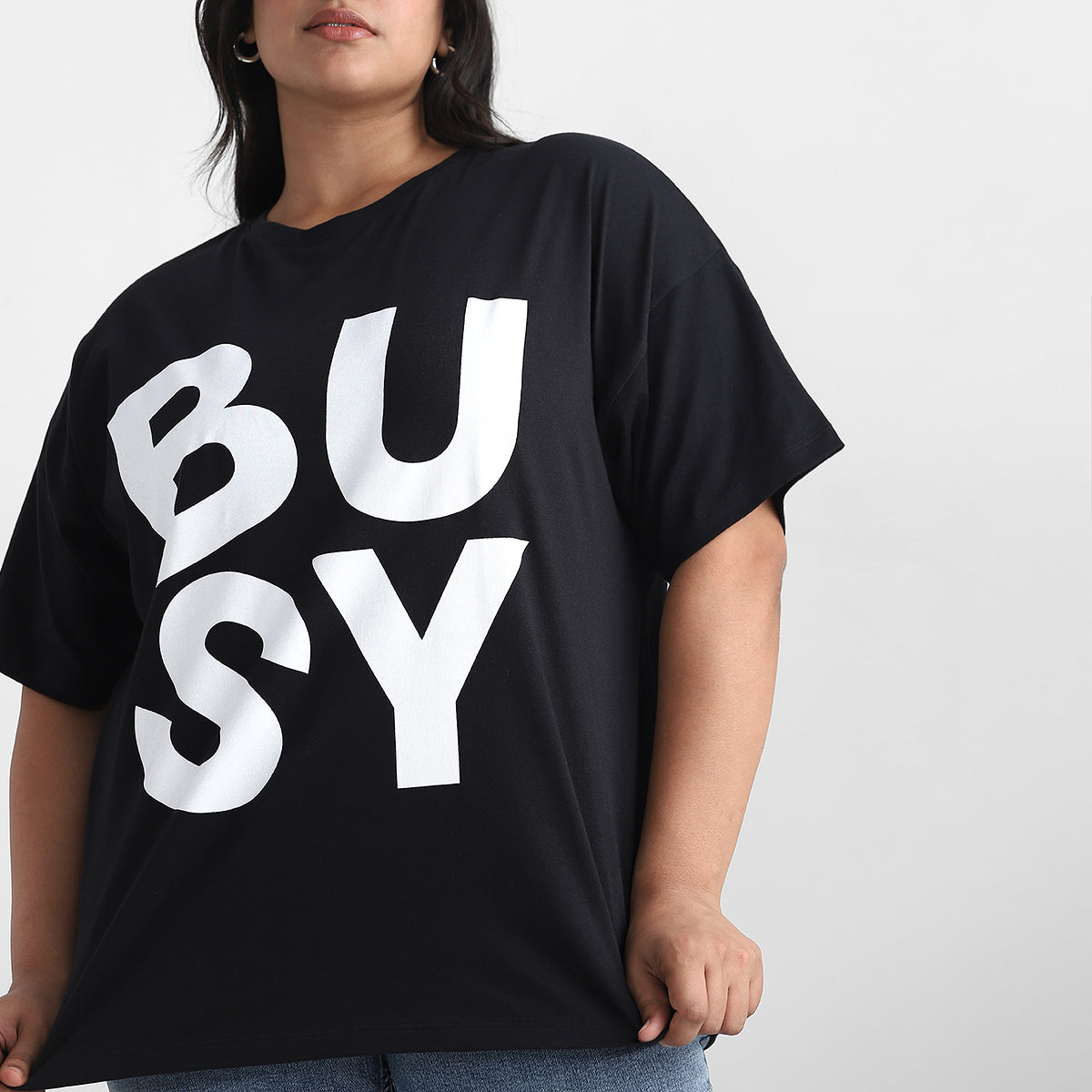 Black Text Plus Size Chest Print Cotton Tee