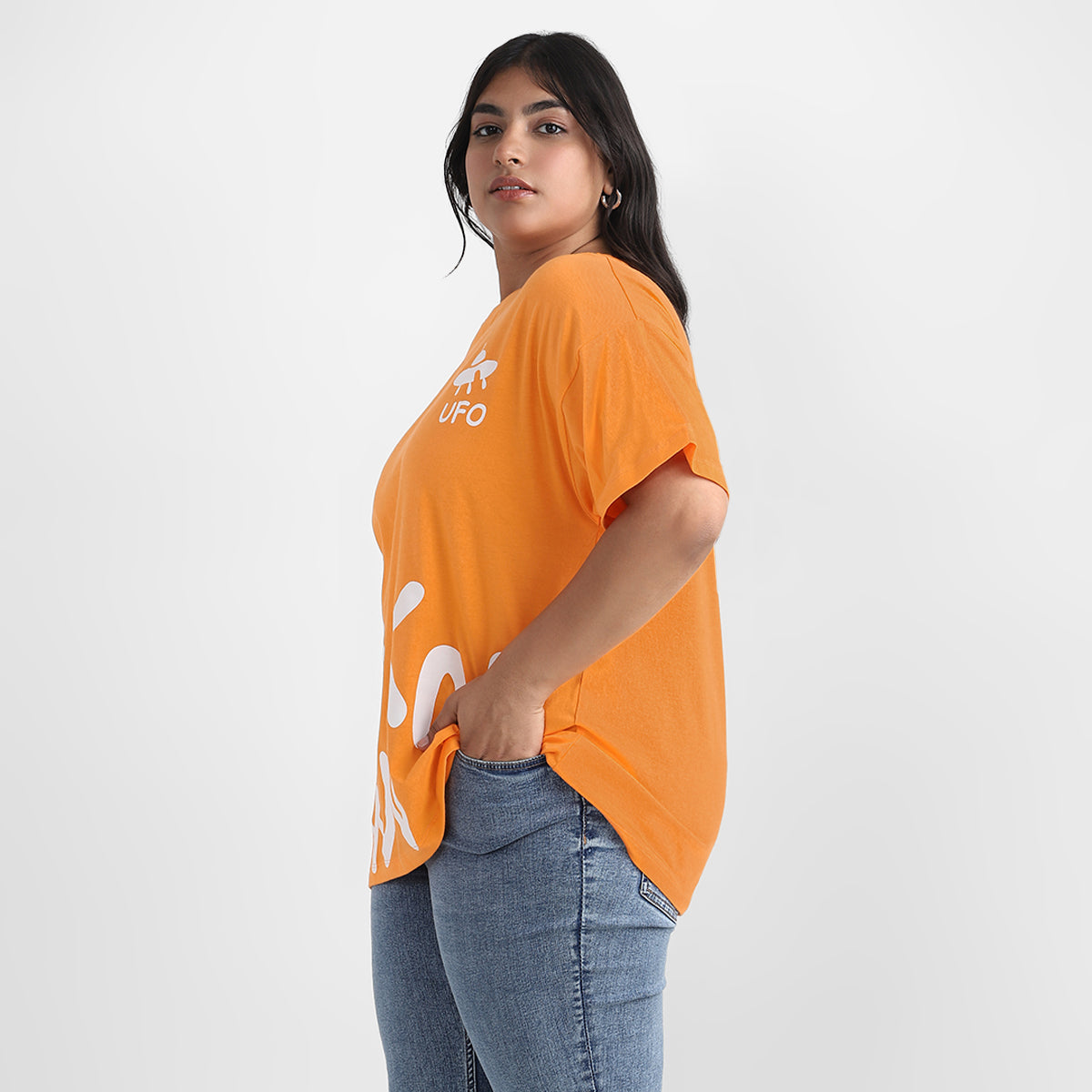 Orange Unknown Plus Size Chest Print Cotton Tee