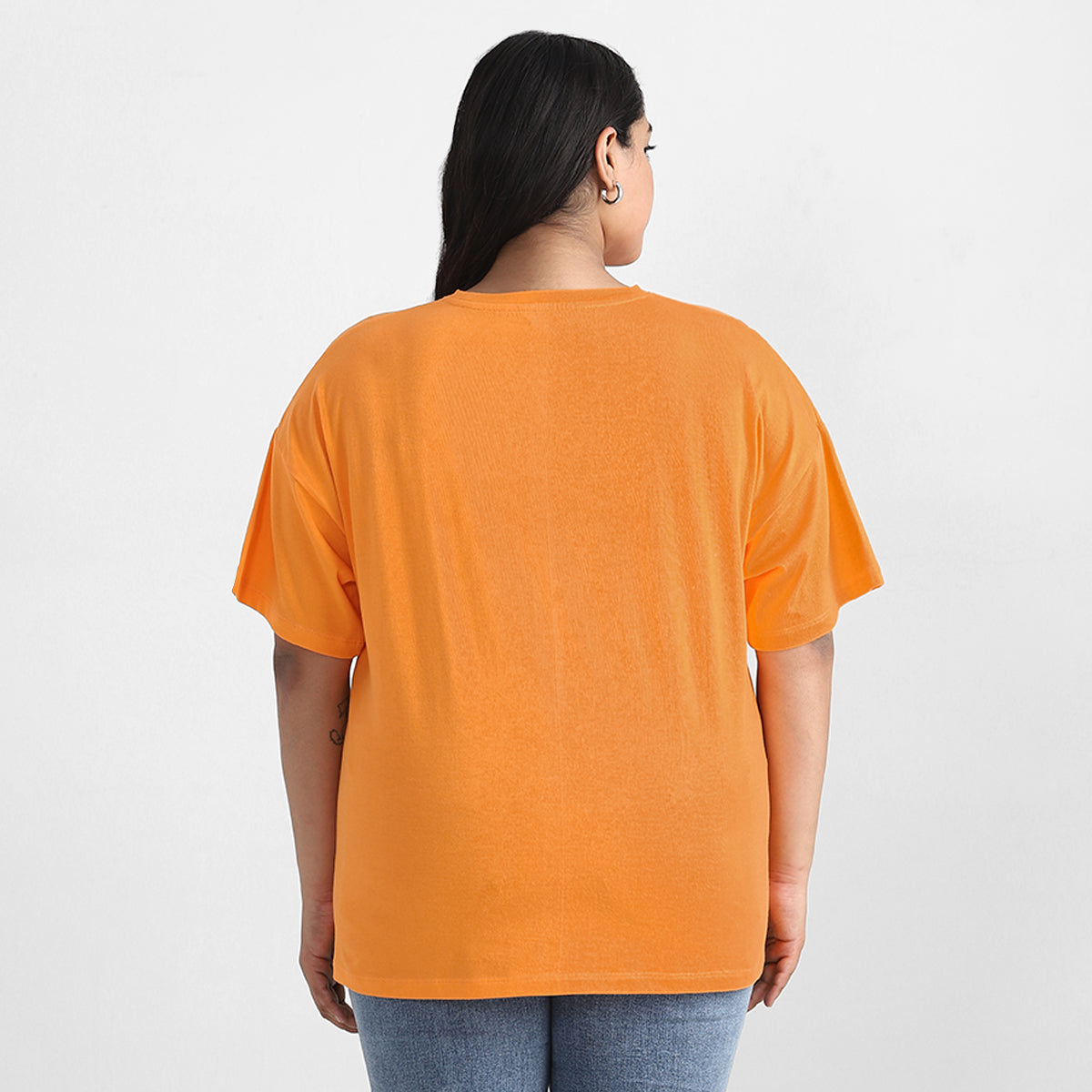 Orange Unknown Plus Size Chest Print Cotton Tee